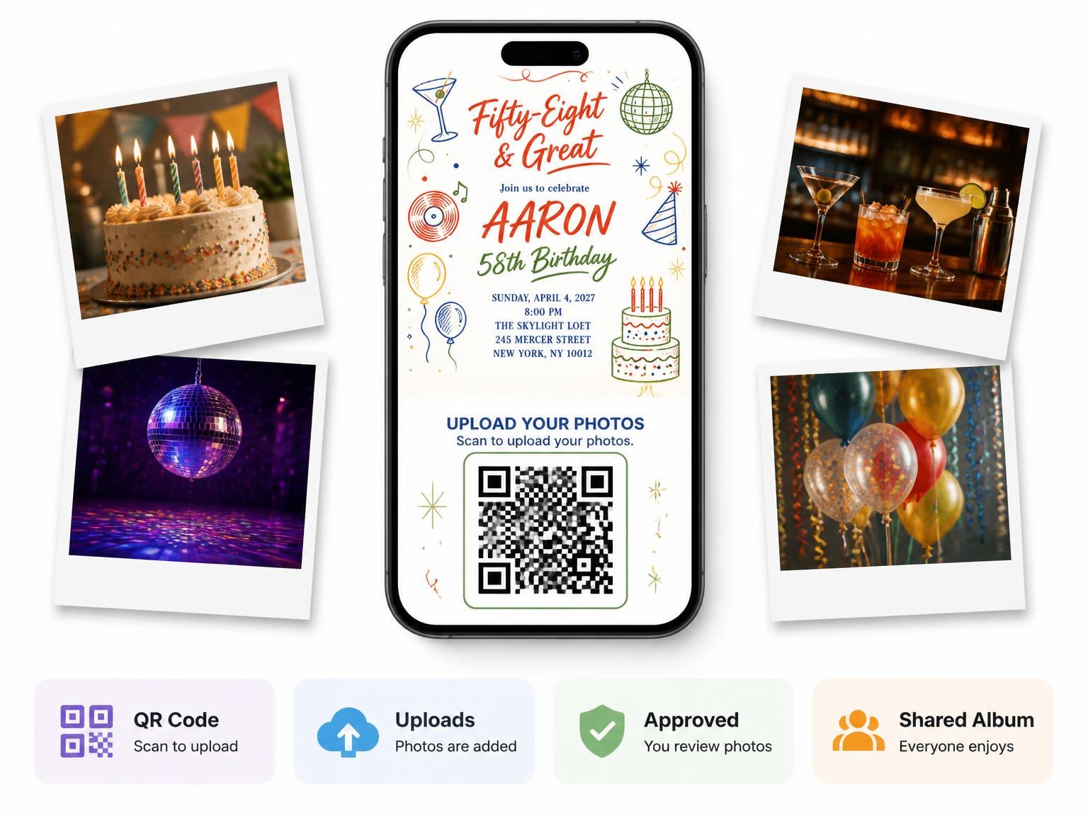 The shared photo gallery that comes with the Retro Doodle 58th Birthday Invitation invitation