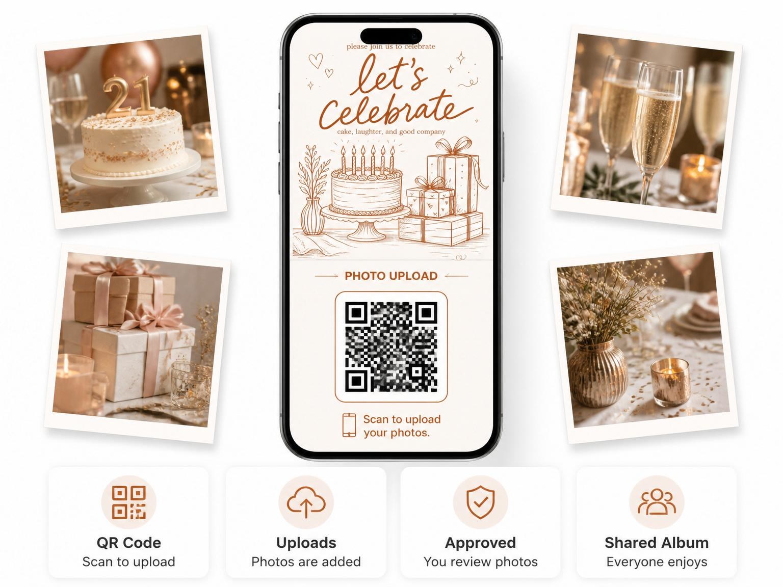 The shared photo gallery that comes with the Terracotta Line-Art 21st Birthday Invitation invitation