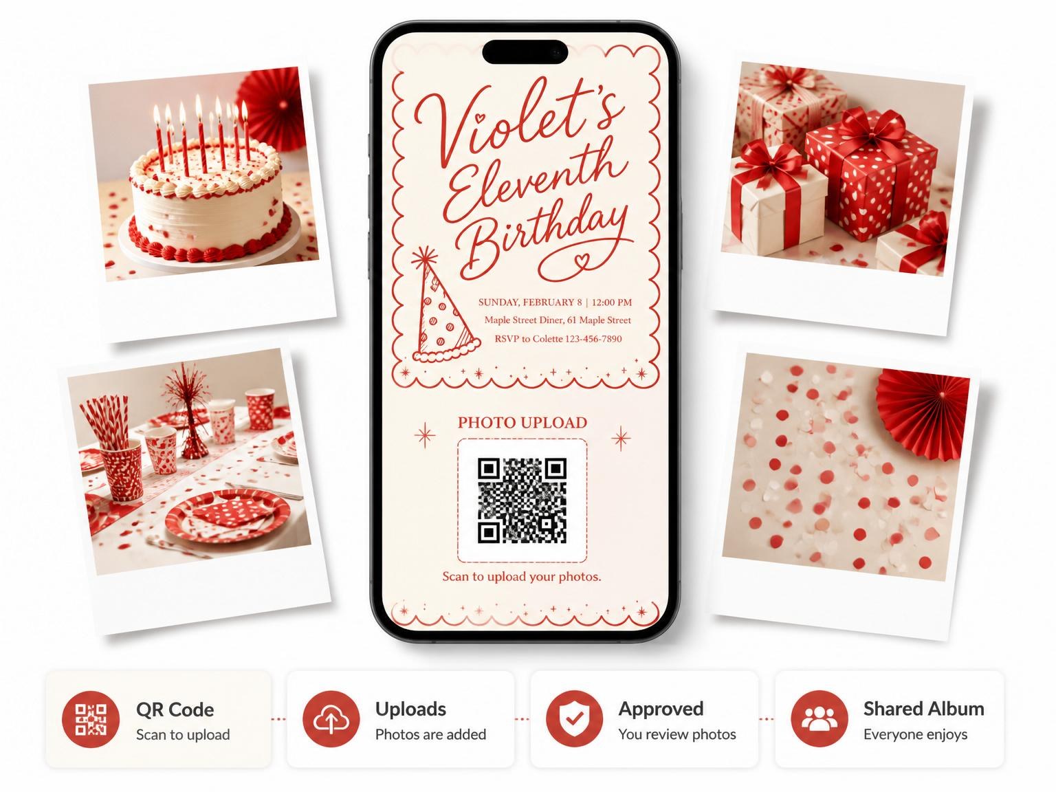 The shared photo gallery that comes with the Red Scalloped Party Hat 11th Birthday invitation