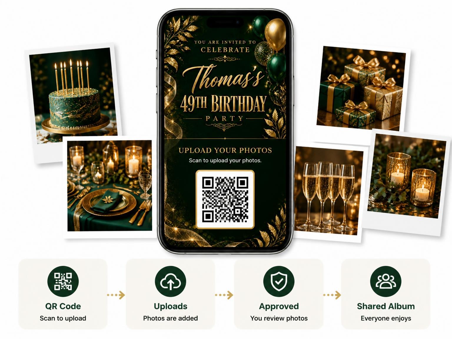 The shared photo gallery that comes with the Emerald and Champagne 49th Birthday Invitation invitation