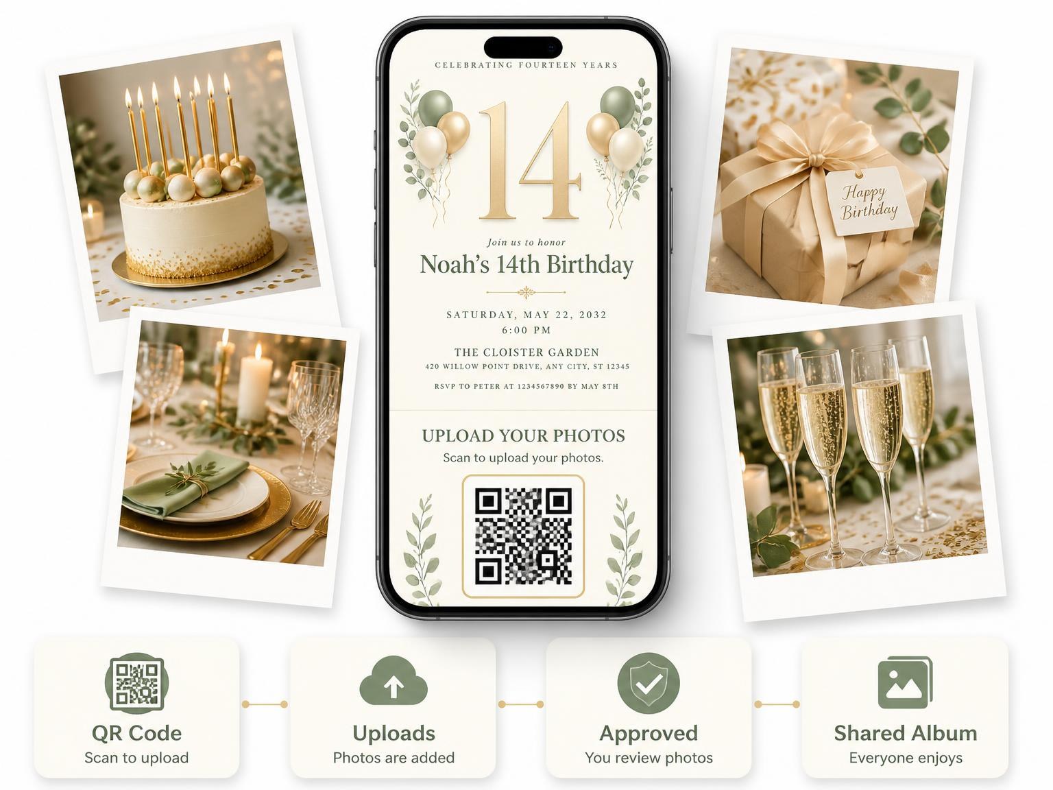 The shared photo gallery that comes with the Sage and Ivory 14th Birthday Invitation invitation