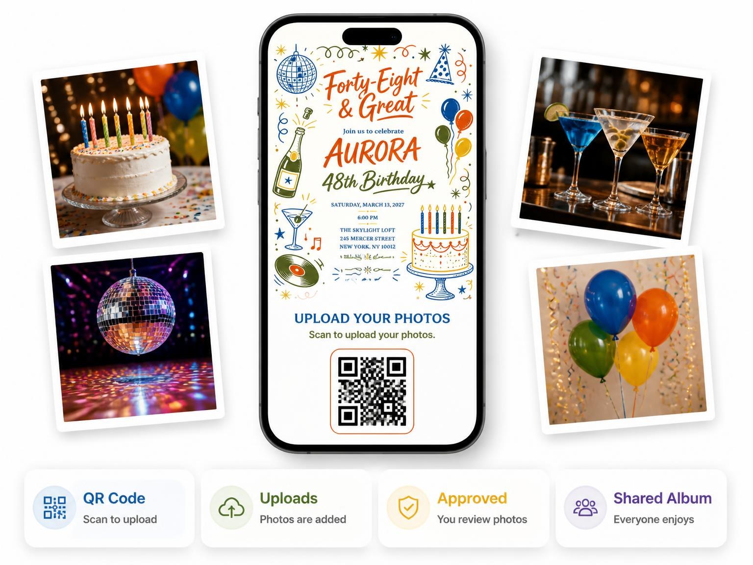 The shared photo gallery that comes with the Retro Doodle 48th Birthday Invitation invitation