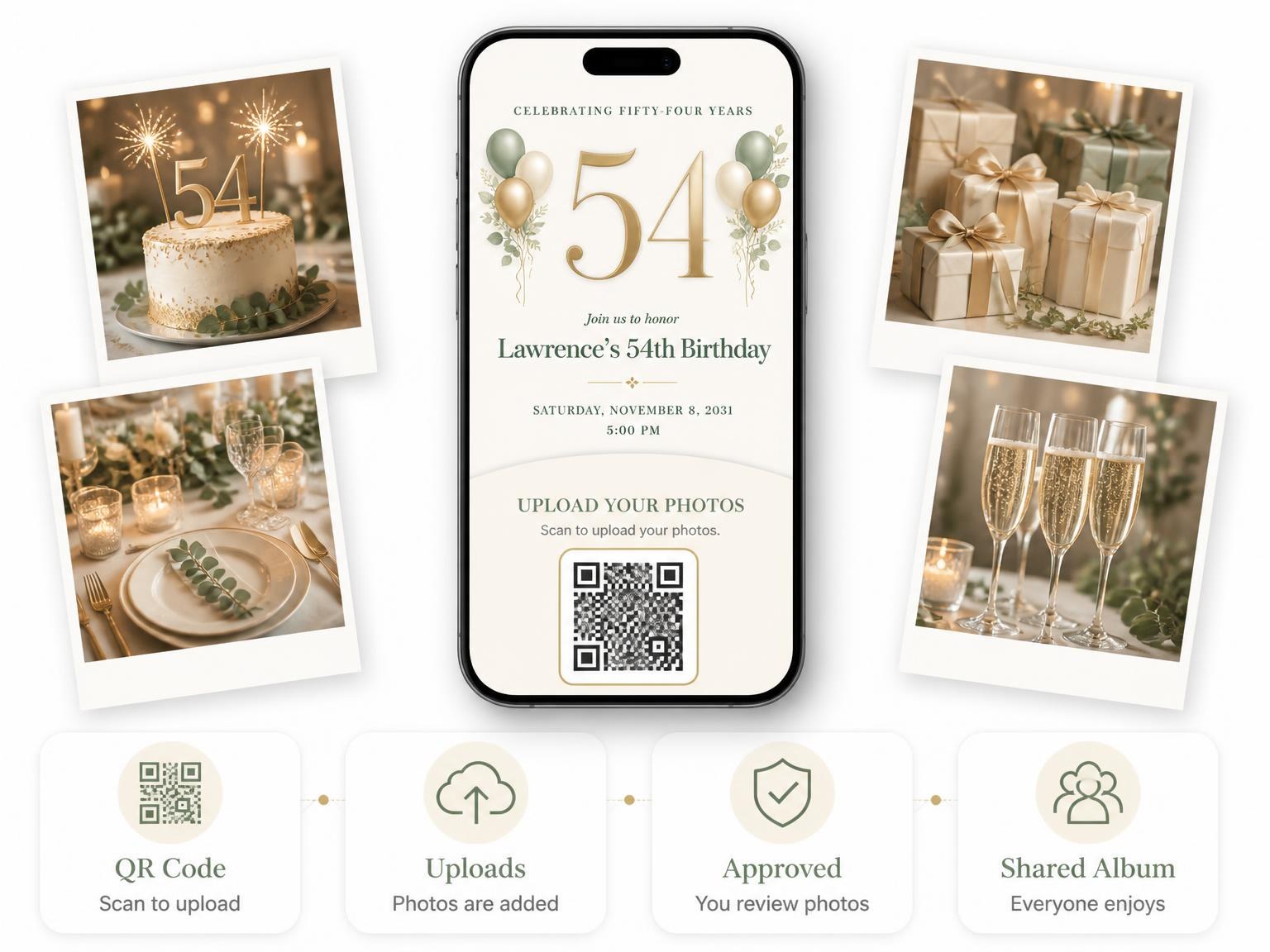 The shared photo gallery that comes with the Sage and Ivory 54th Birthday Invitation invitation