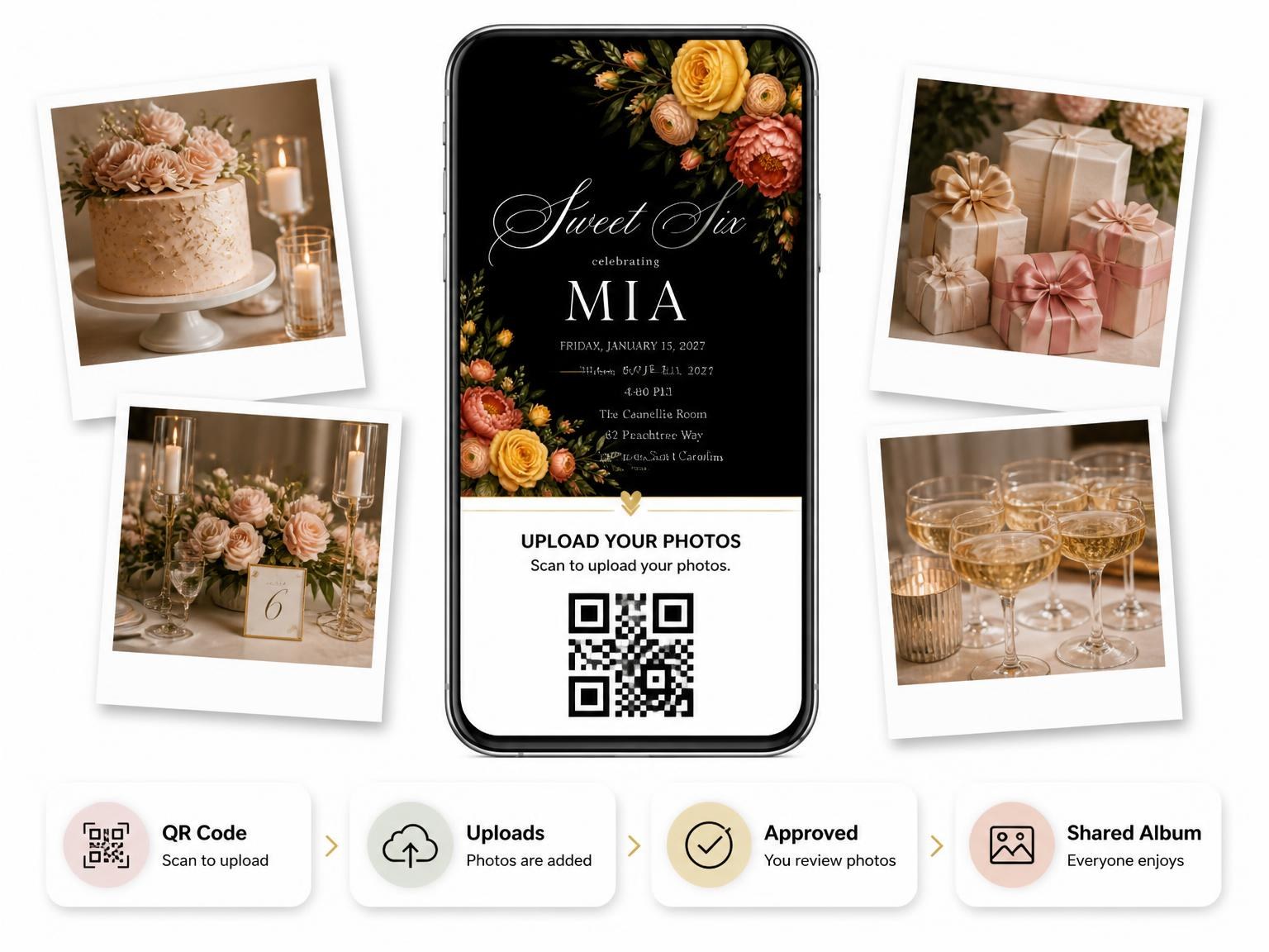 The shared photo gallery that comes with the Black Floral 6th Birthday Invitation invitation