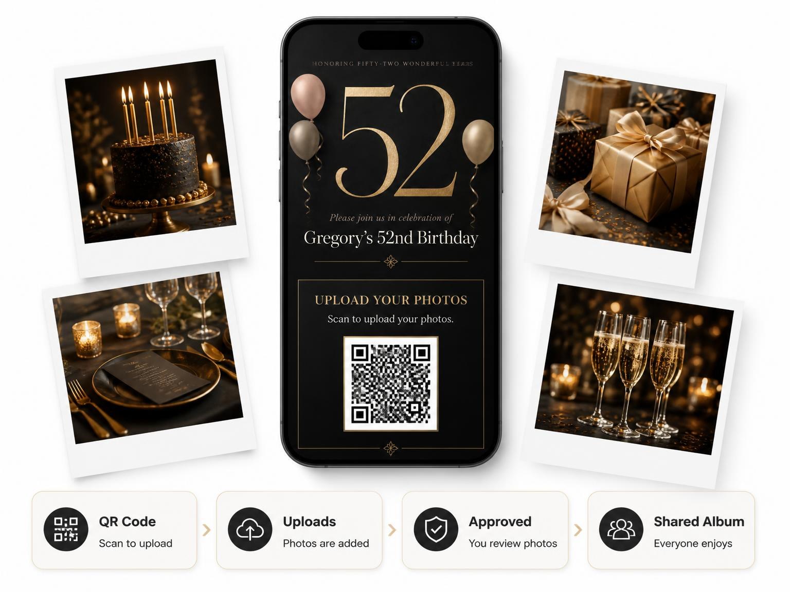 The shared photo gallery that comes with the Charcoal and Blush 52nd Birthday Invitation invitation