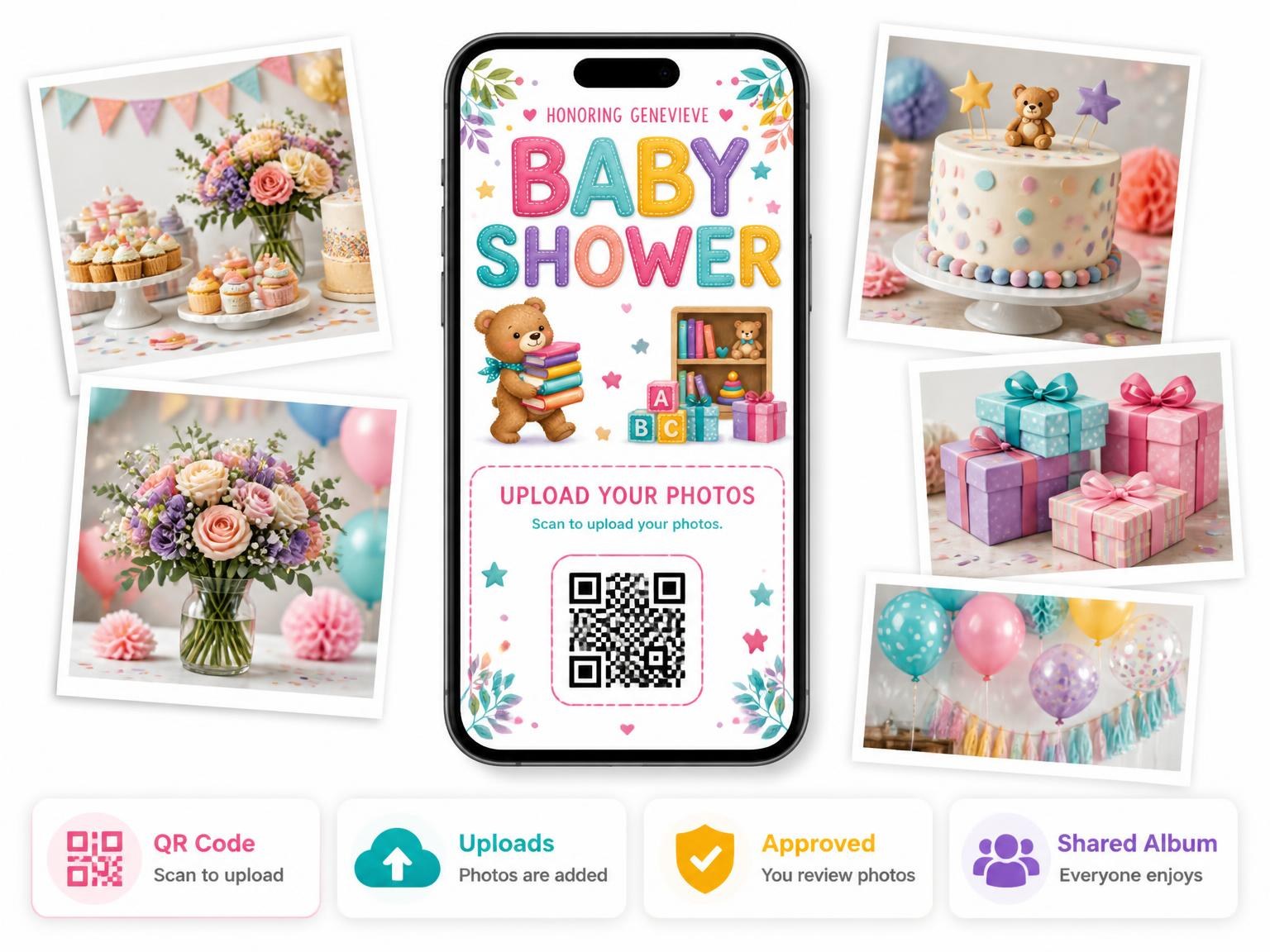 The shared photo gallery that comes with the Teal Storybook Baby Shower Invitation invitation