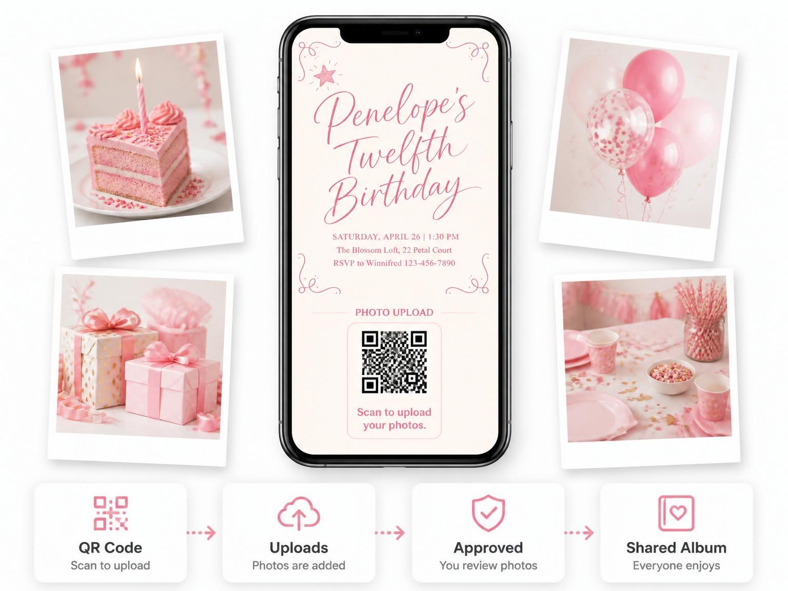 The shared photo gallery that comes with the Pink Hand-Lettered Star 12th Birthday Invitation invitation
