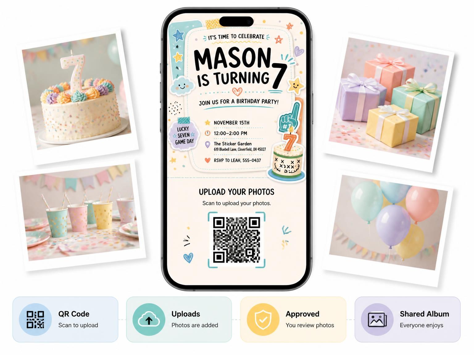 The shared photo gallery that comes with the Football Pastel 7th Birthday Invitation invitation