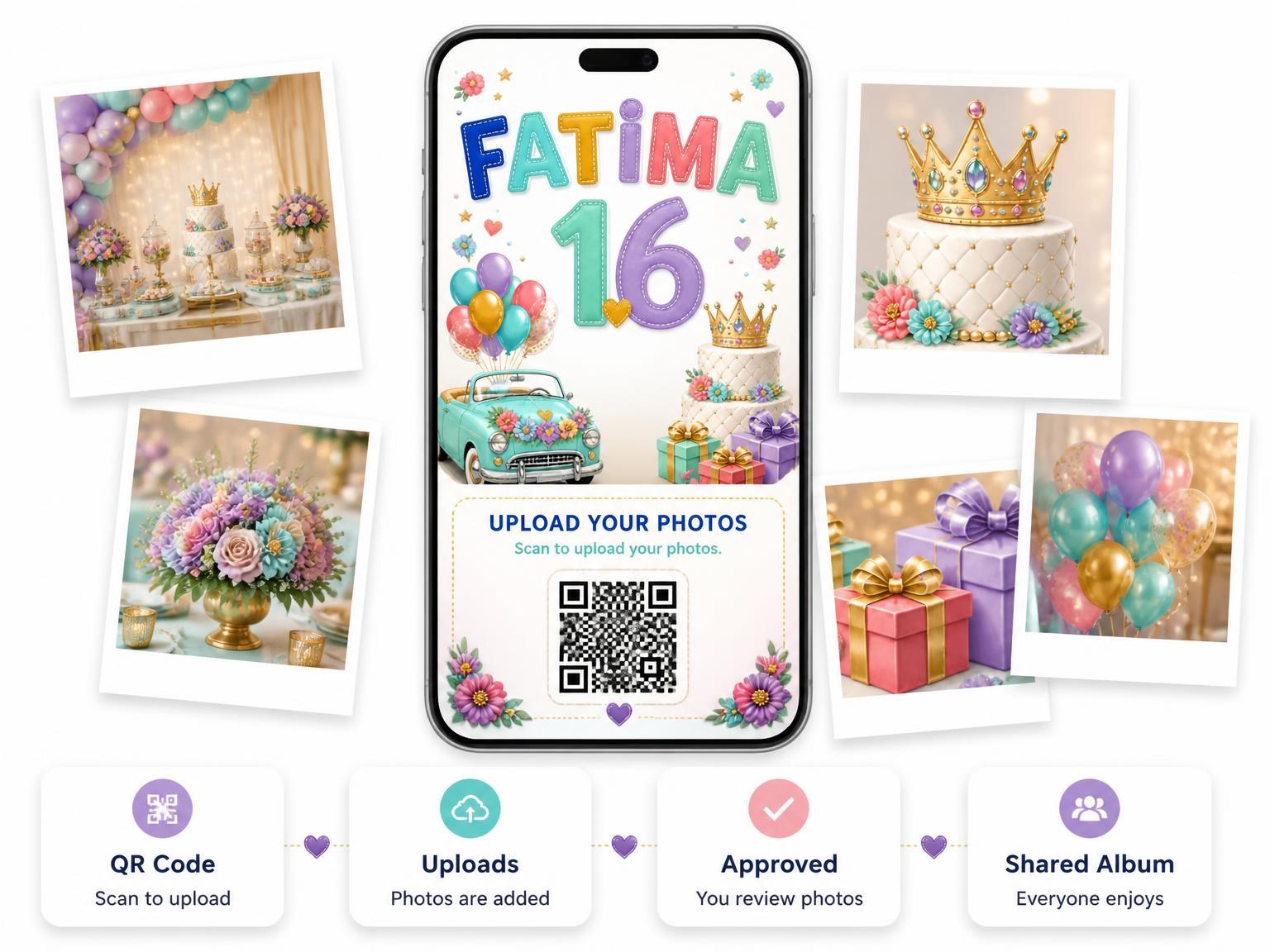 The shared photo gallery that comes with the Vintage Convertible 16th Birthday Invitation invitation