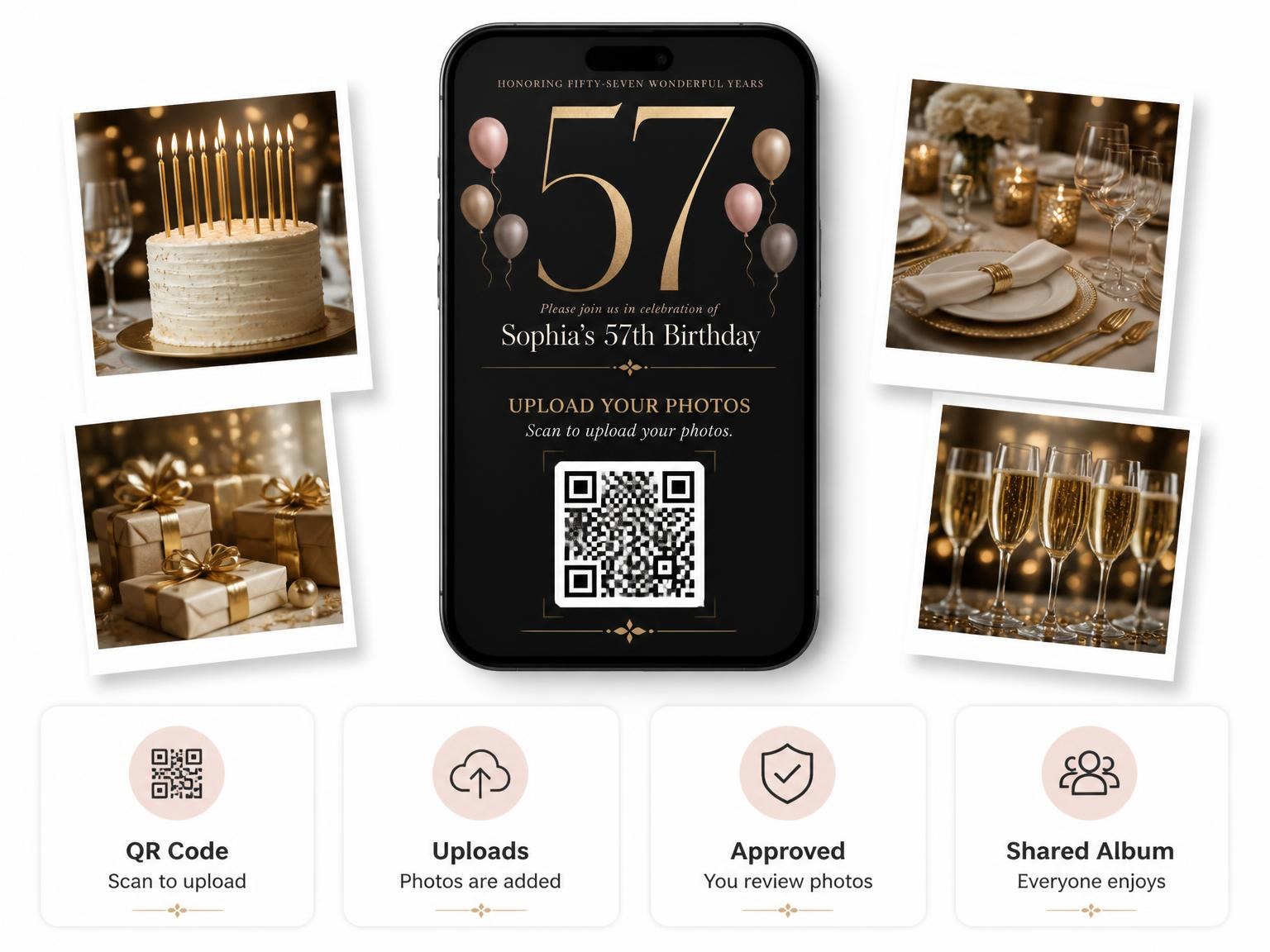 The shared photo gallery that comes with the Charcoal and Blush 57th Birthday Invitation invitation