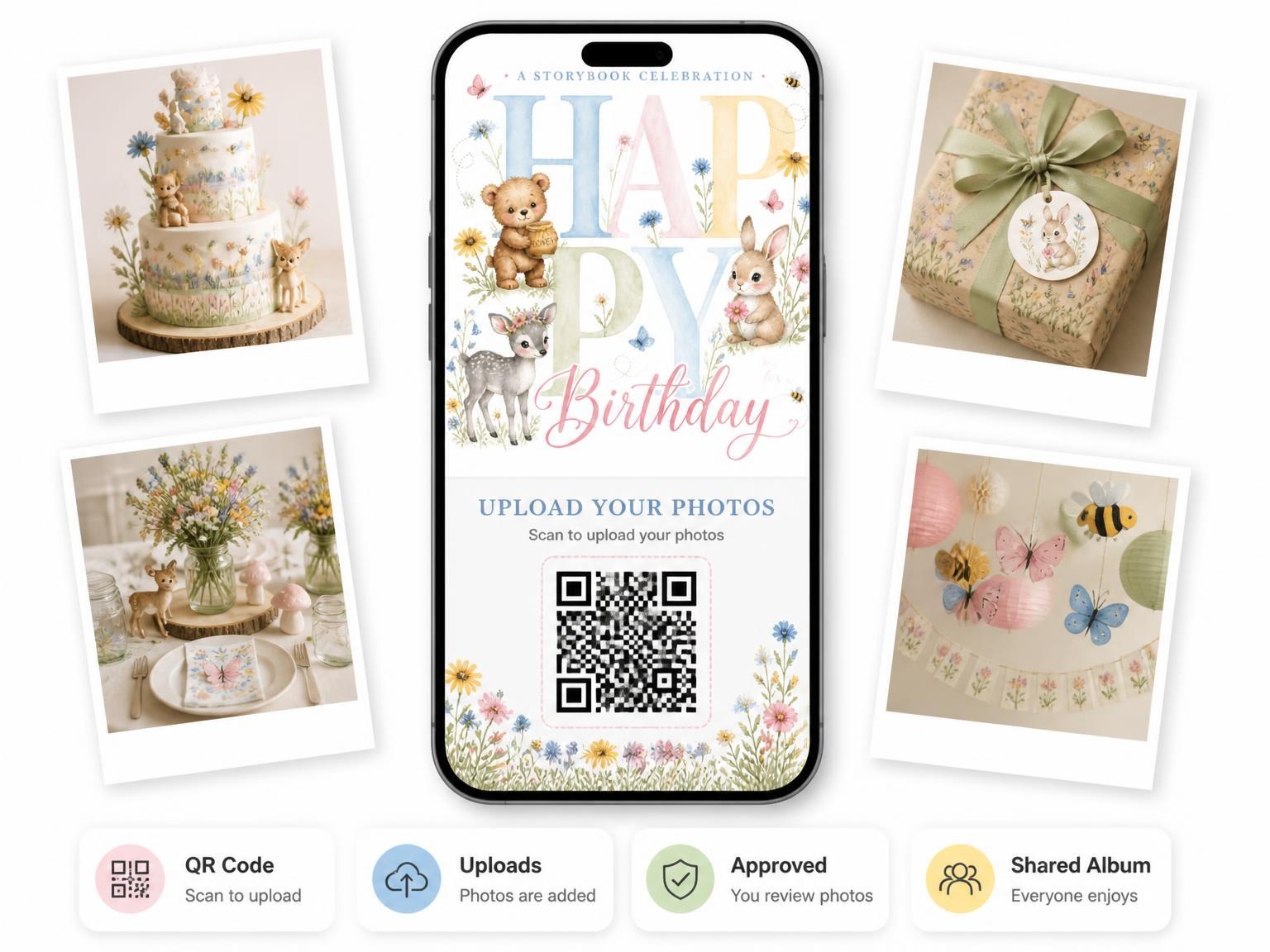 The shared photo gallery that comes with the Watercolor Woodland Animal Birthday Invitation invitation
