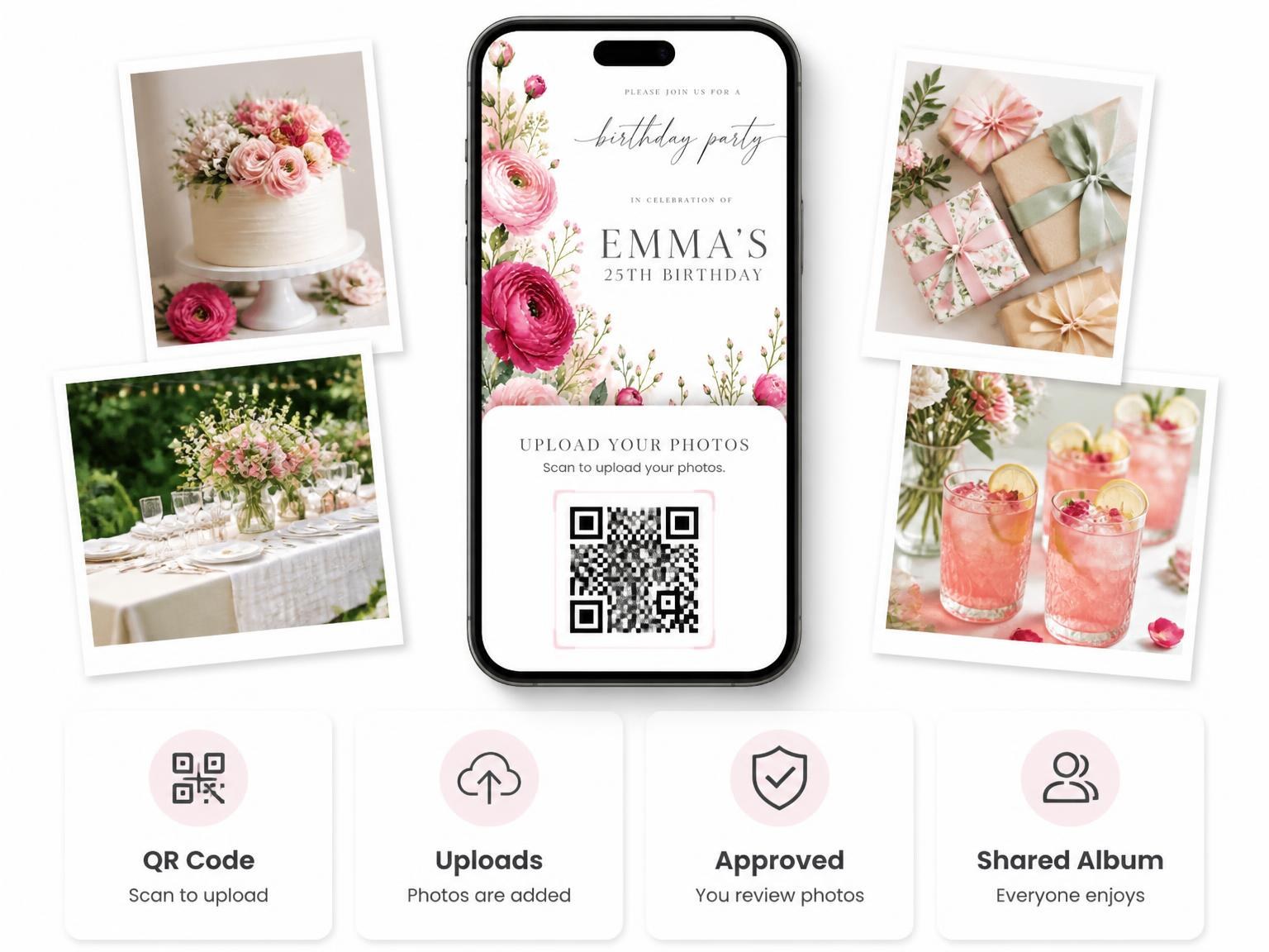 The shared photo gallery that comes with the Fuchsia Ranunculus Floral 25th Birthday Invitation invitation