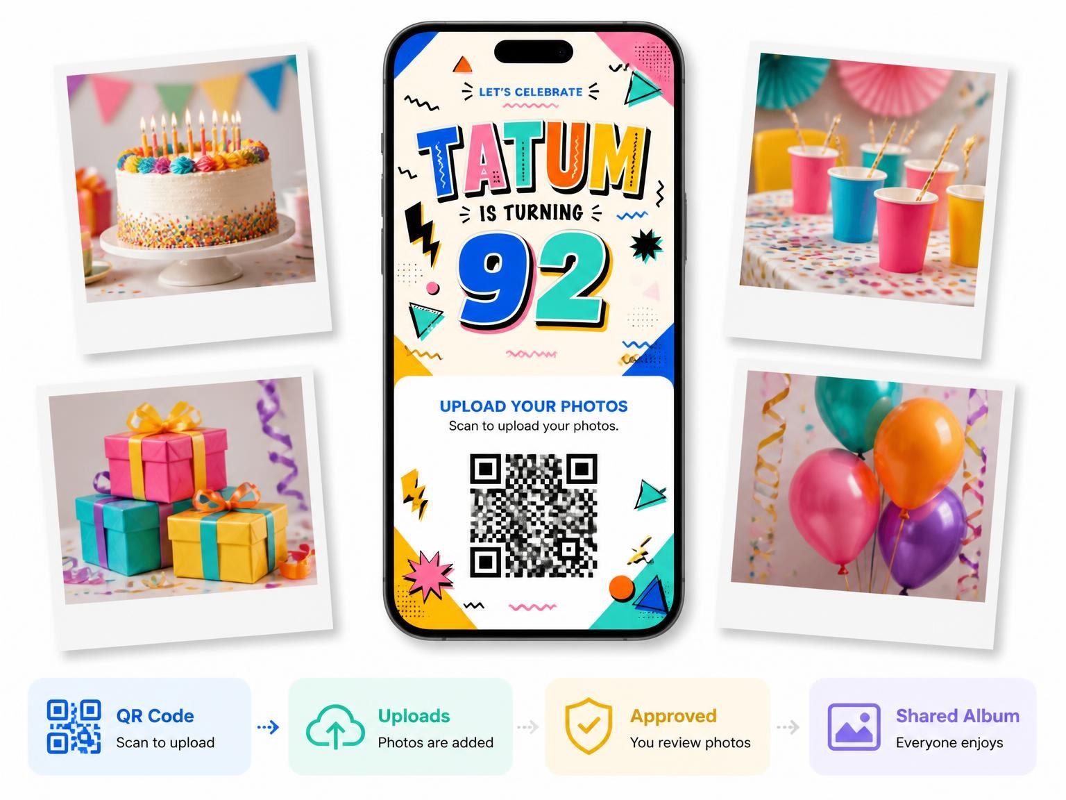 The shared photo gallery that comes with the Memphis Pop 92nd Birthday Invitation invitation