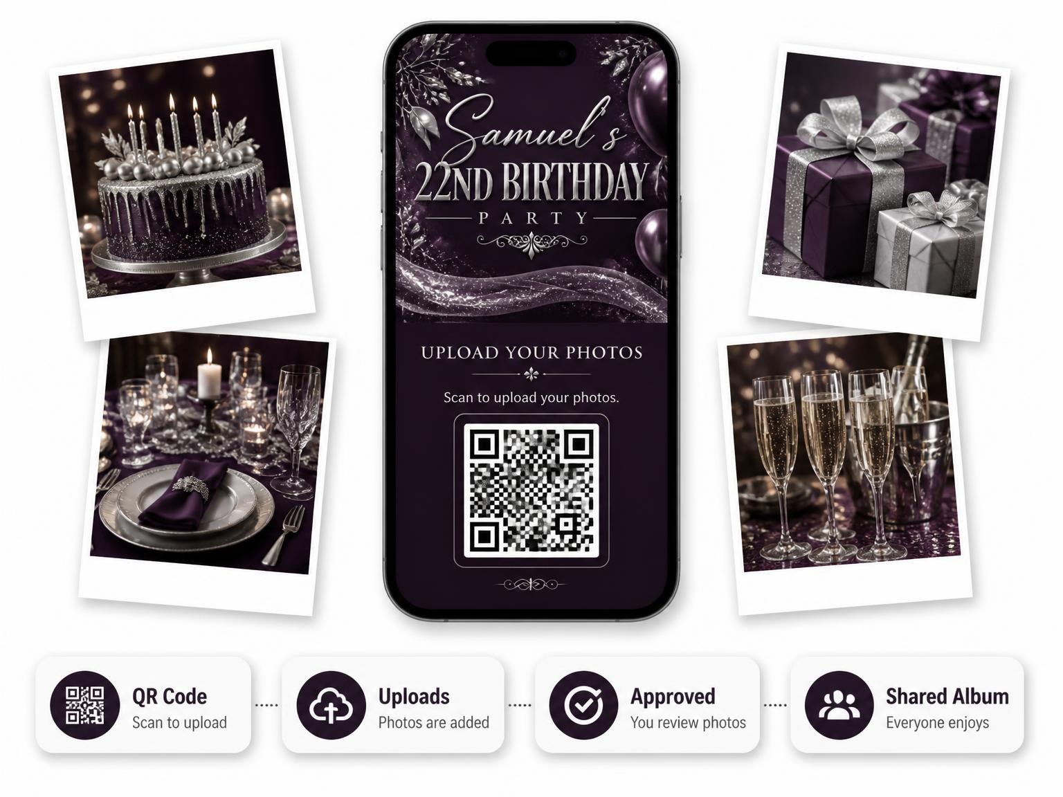 The shared photo gallery that comes with the Plum and Silver 22nd Birthday Invitation invitation