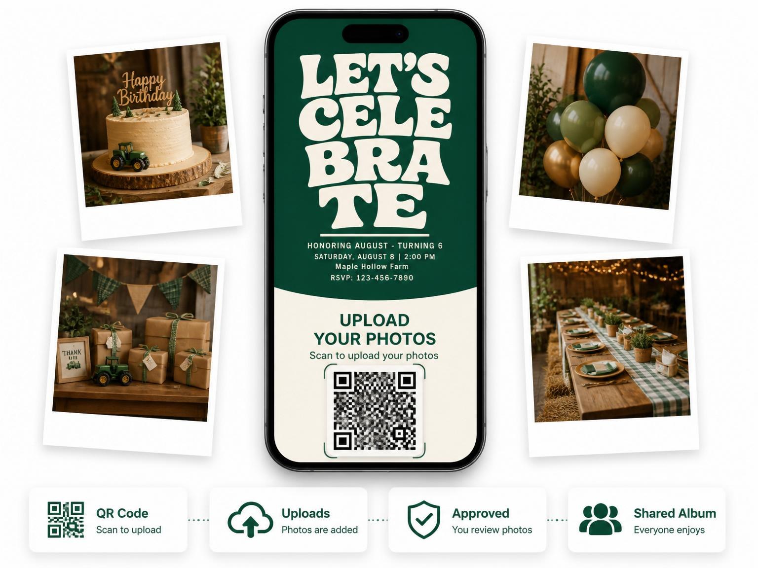 The shared photo gallery that comes with the Forest Green Bubble Letter Birthday invitation