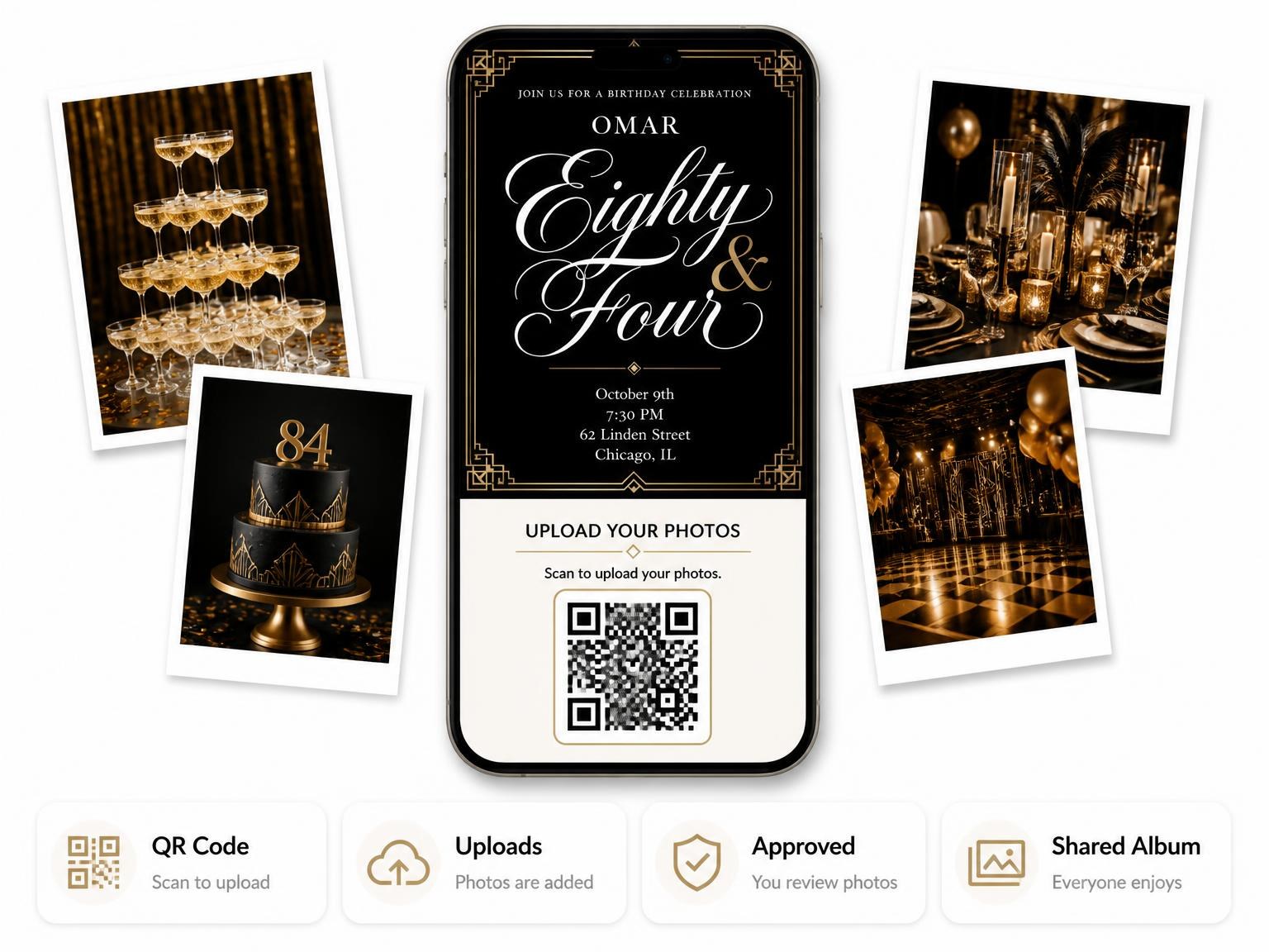 The shared photo gallery that comes with the Art Deco 84th Birthday Invitation invitation