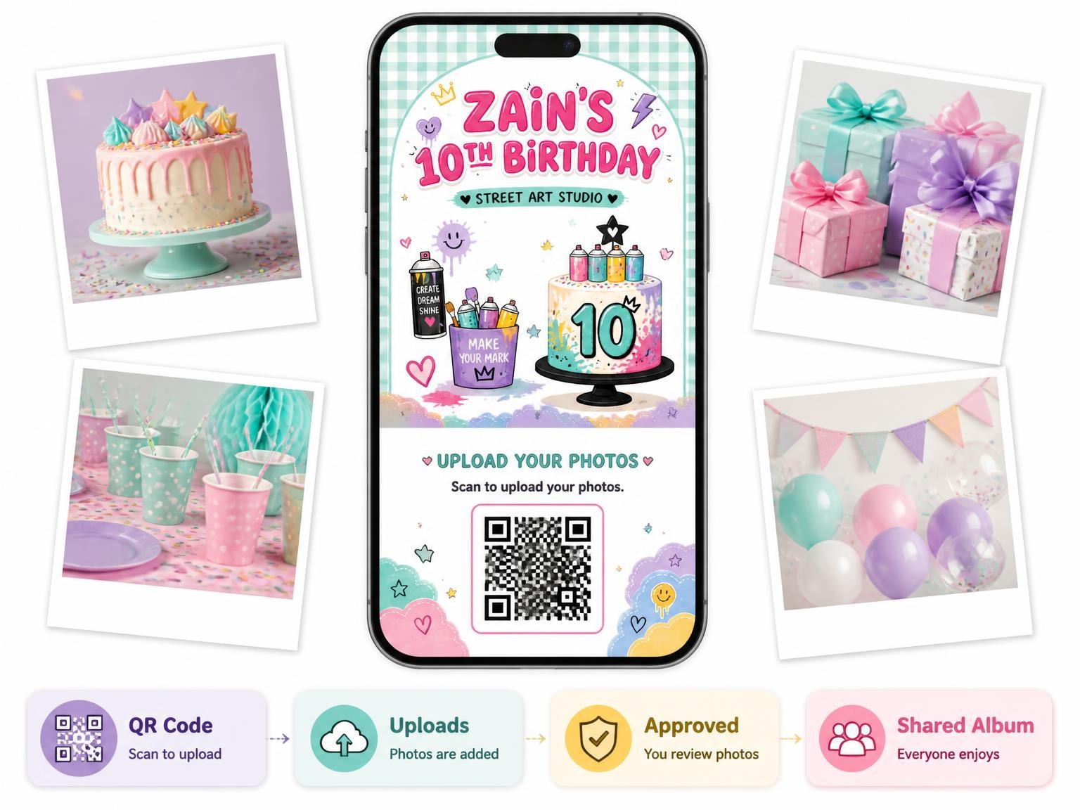 The shared photo gallery that comes with the Art Bucket Kawaii 10th Birthday Invitation invitation