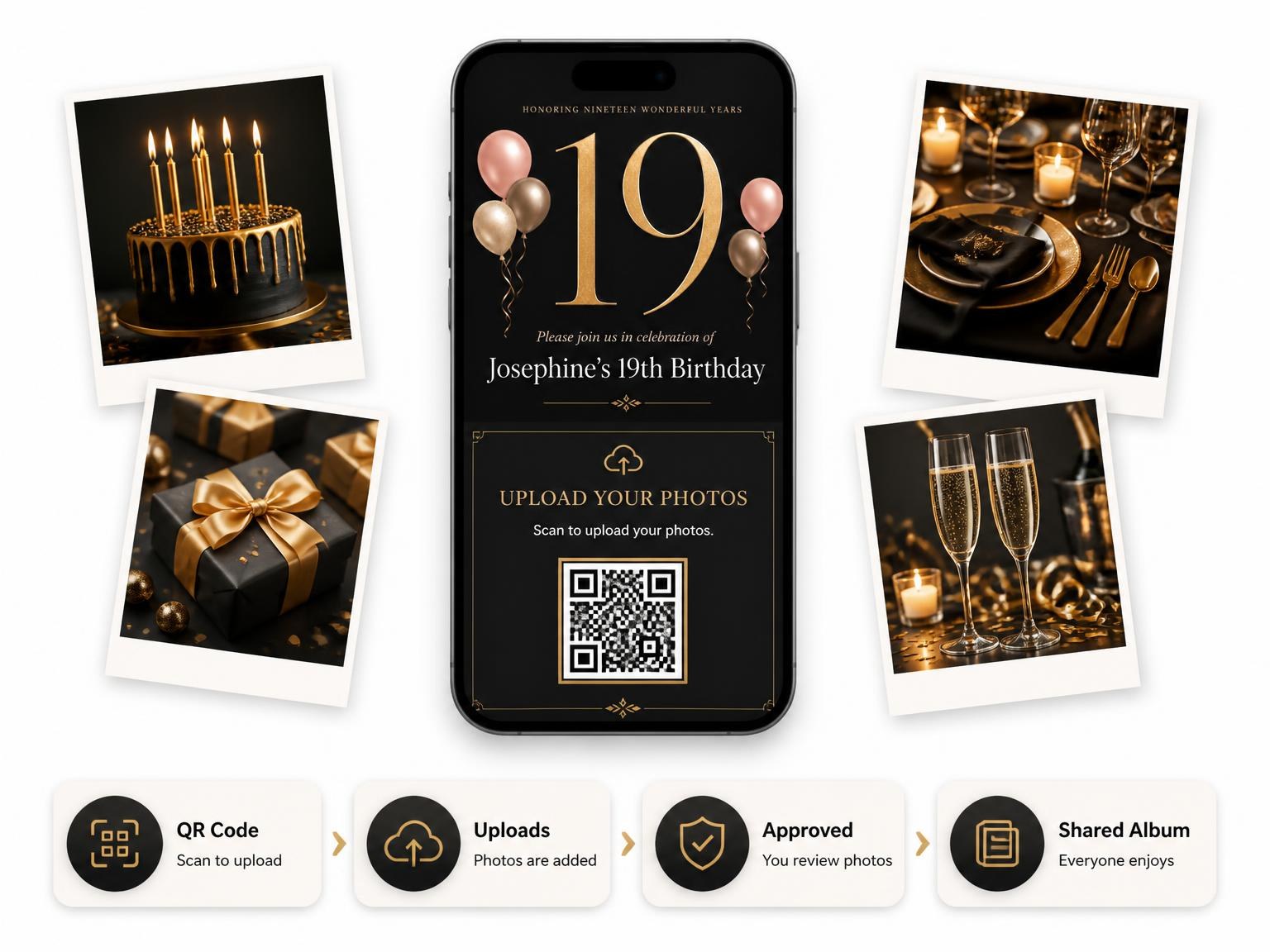 The shared photo gallery that comes with the Charcoal and Blush 19th Birthday Invitation invitation