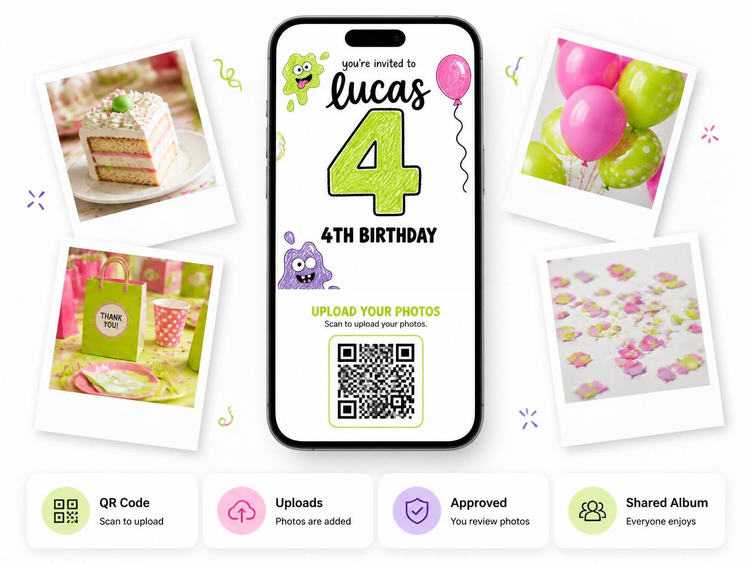 The shared photo gallery that comes with the Neon Slime Doodle 4th Birthday Party invitation
