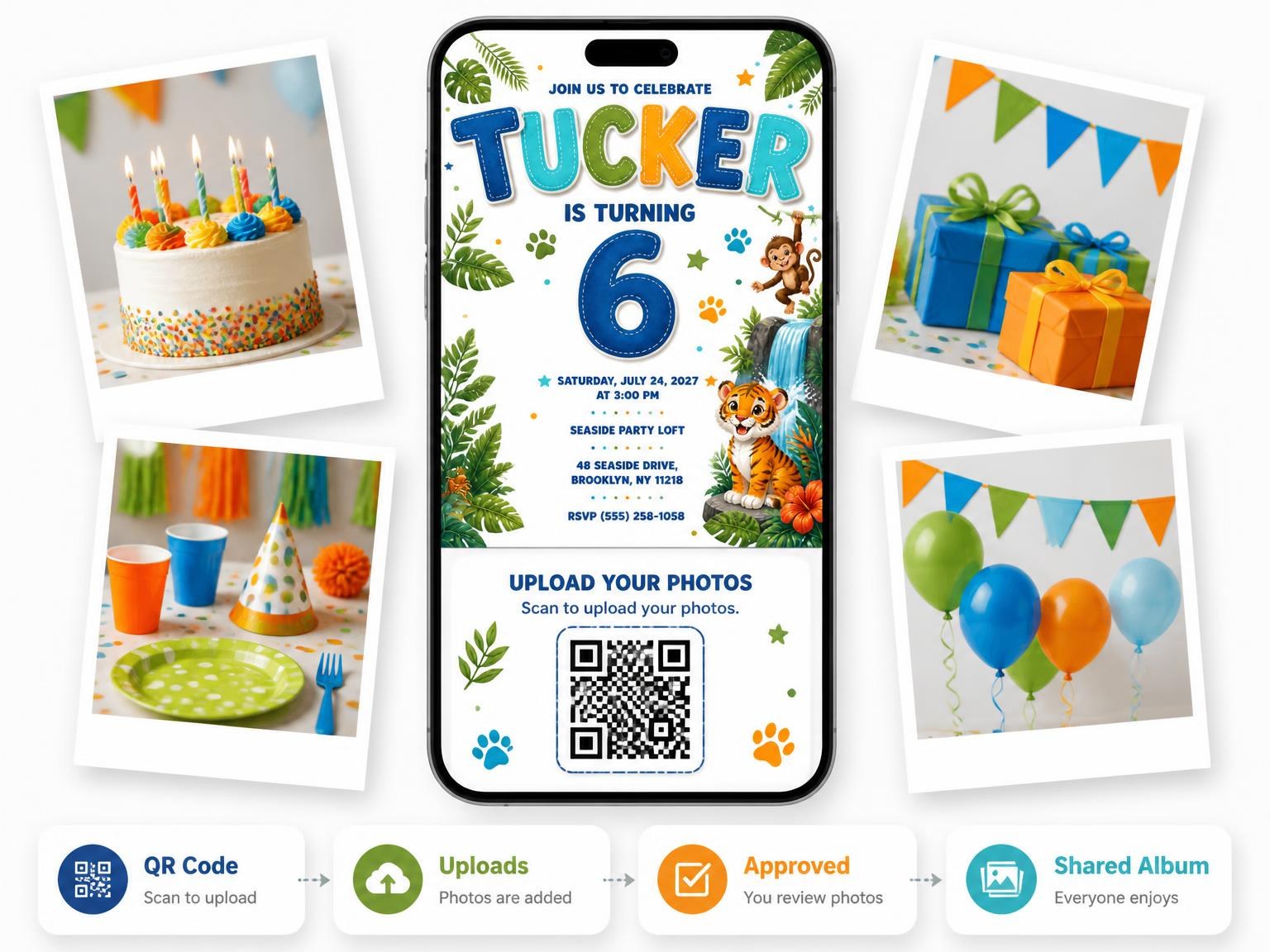 The shared photo gallery that comes with the Stitched Jungle Safari 6th Birthday Invitation invitation