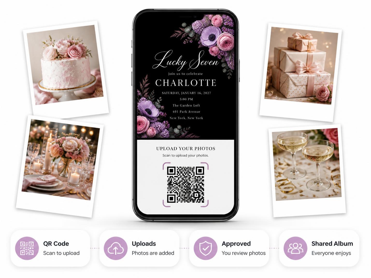 The shared photo gallery that comes with the Black Floral 7th Birthday Invitation invitation