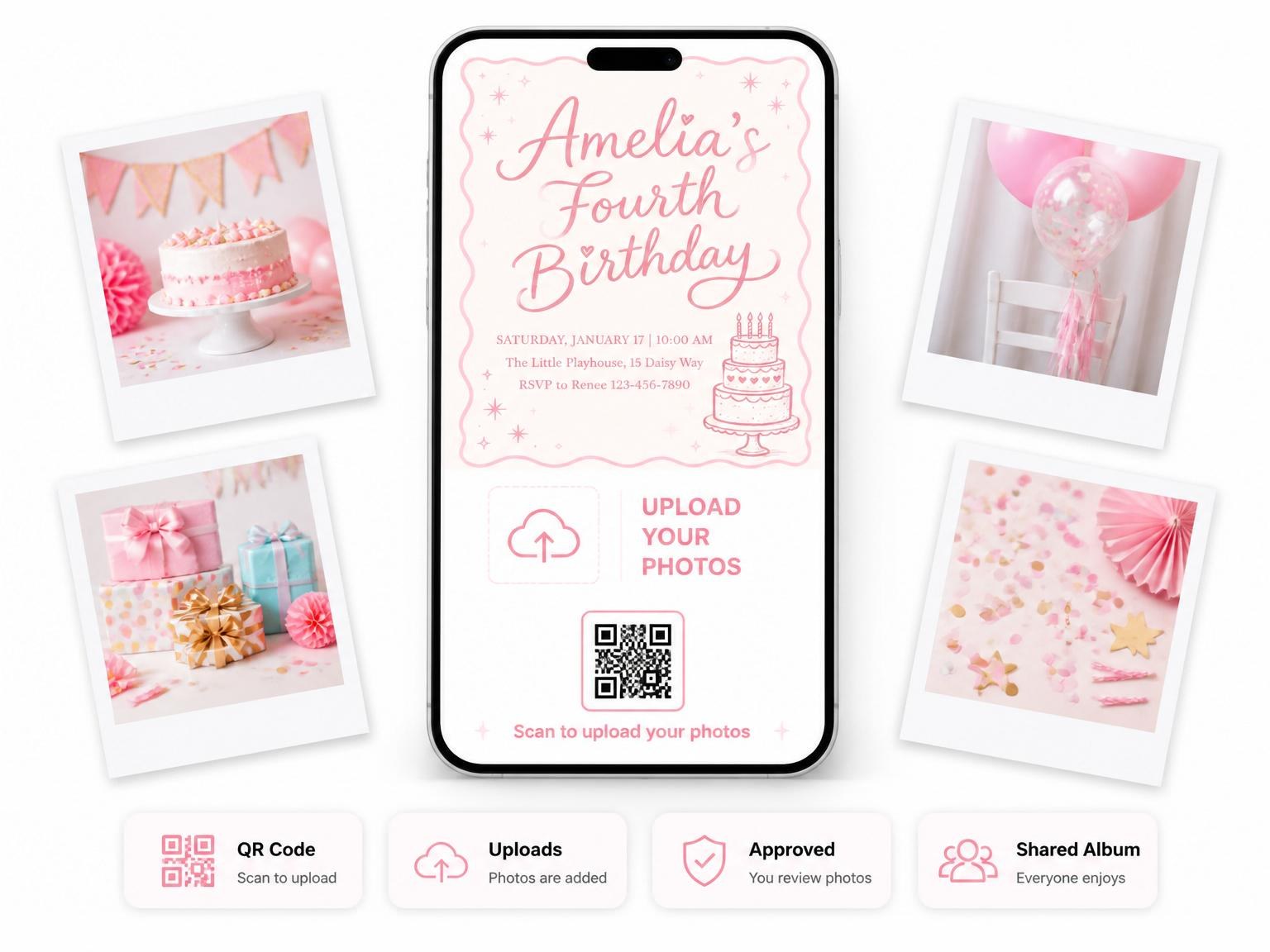 The shared photo gallery that comes with the Blush Pink Cake 4th Birthday Invitation invitation
