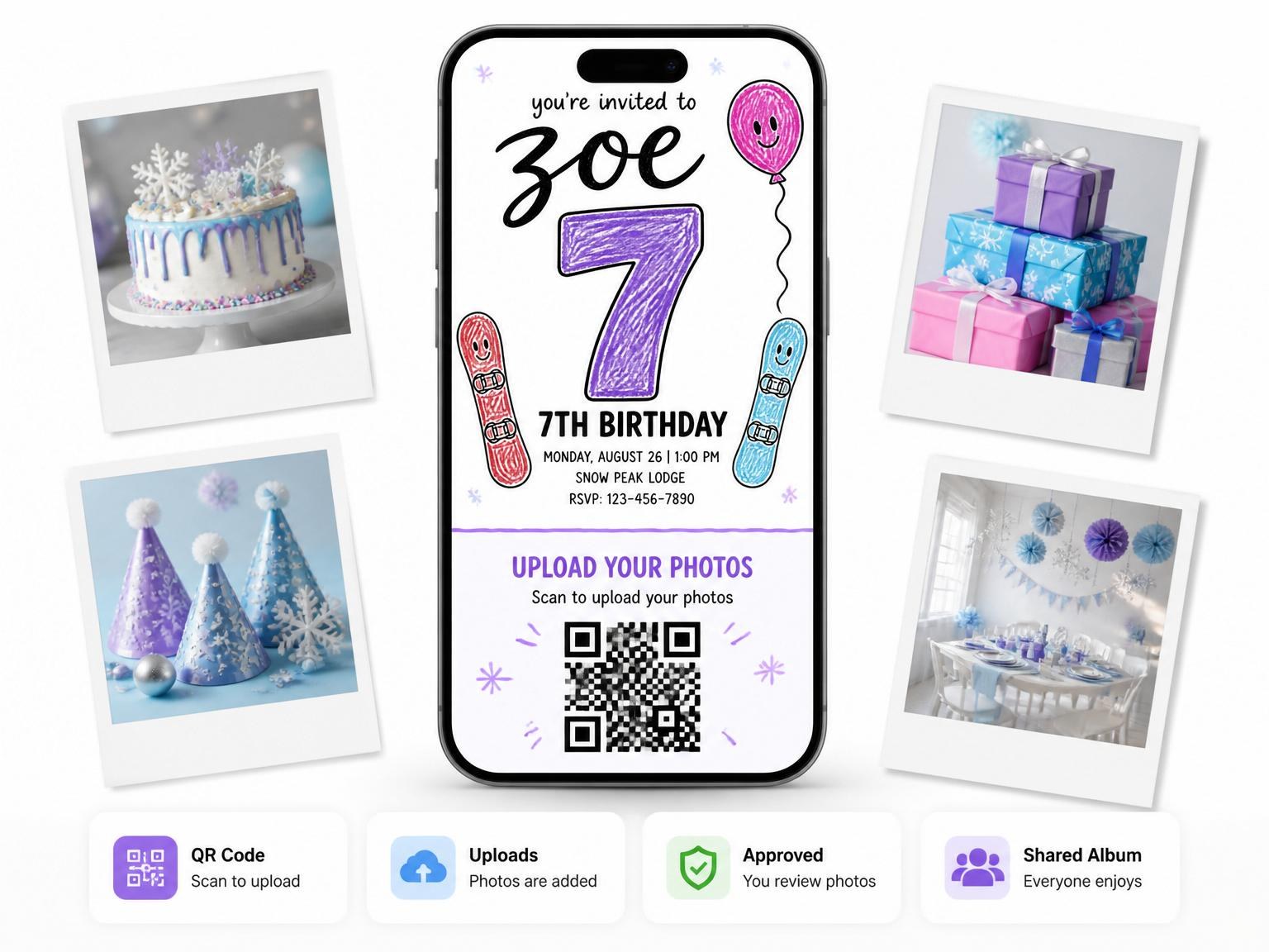 The shared photo gallery that comes with the Crayon Snowboard Illustration 7th Birthday Invitation invitation