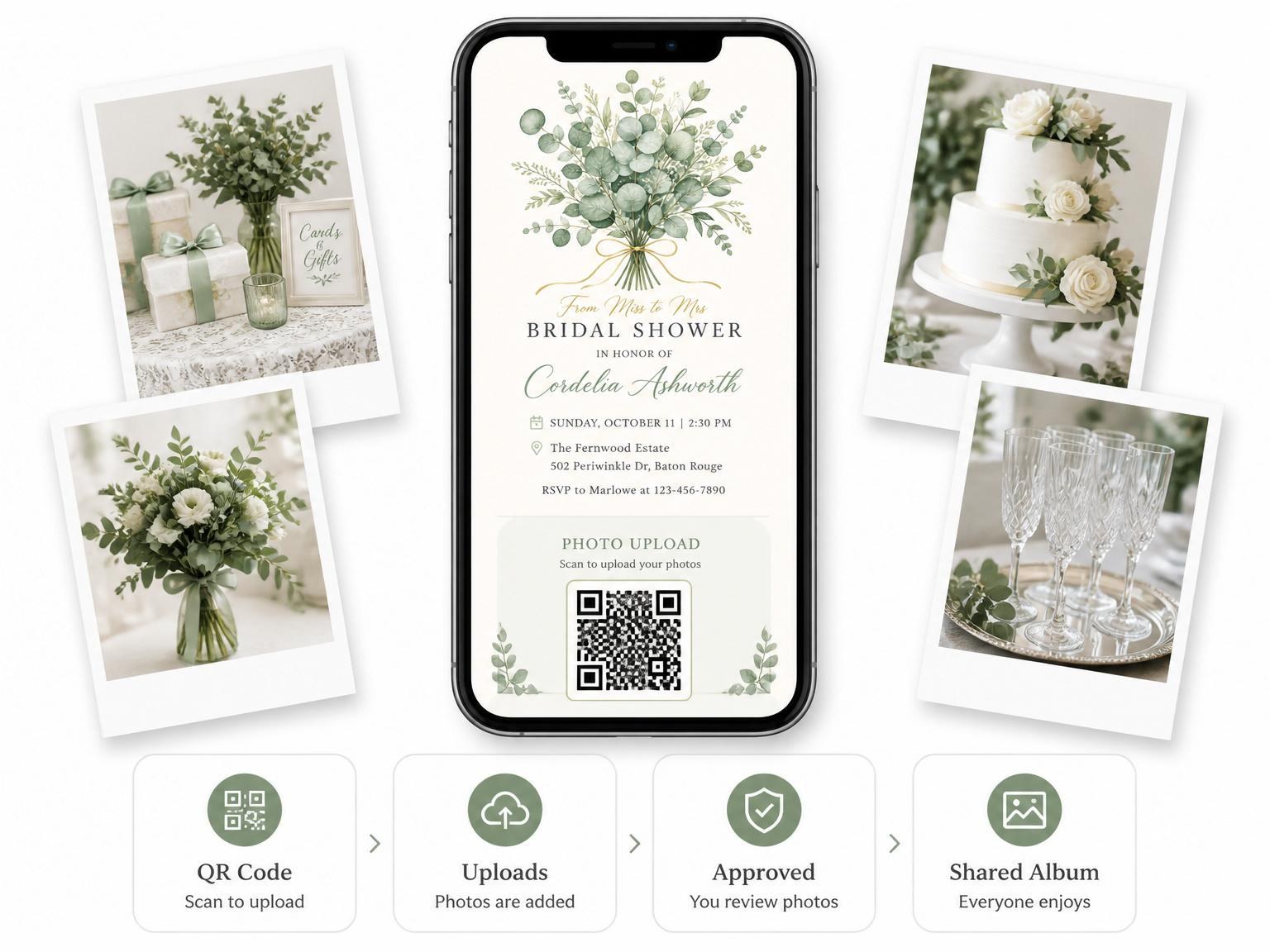 The shared photo gallery that comes with the Watercolor Eucalyptus Gold Ribbon Bridal Shower invitation