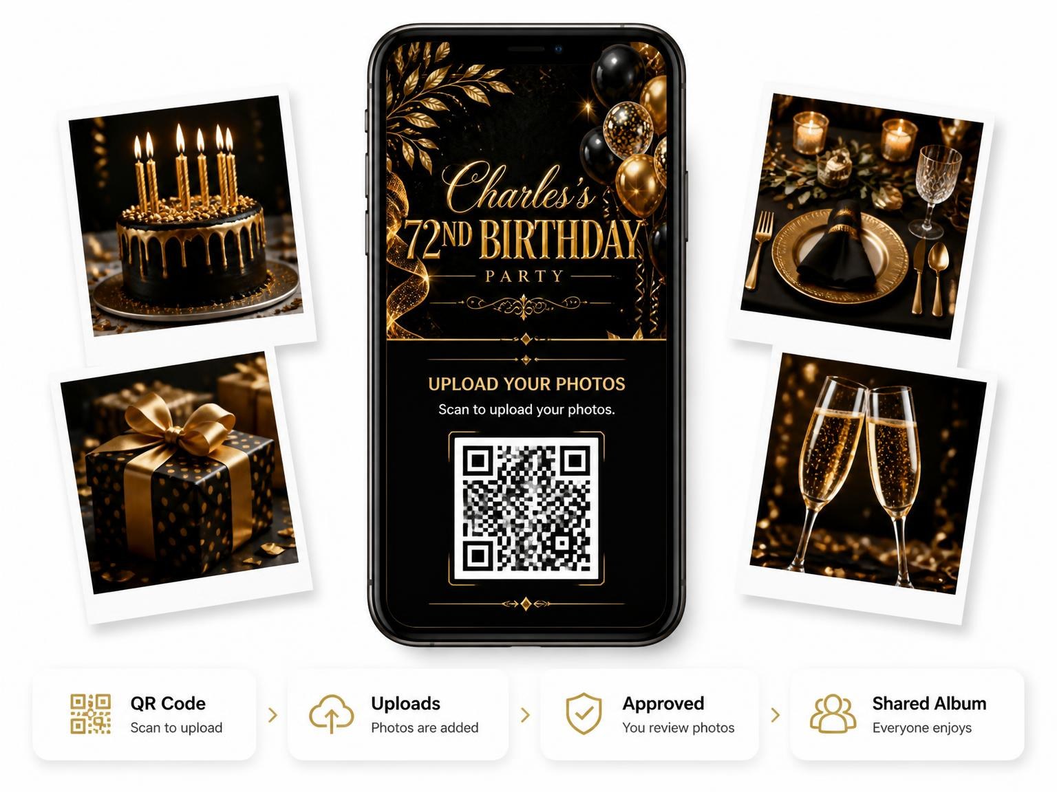 The shared photo gallery that comes with the Black and Gold 72nd Birthday Invitation invitation