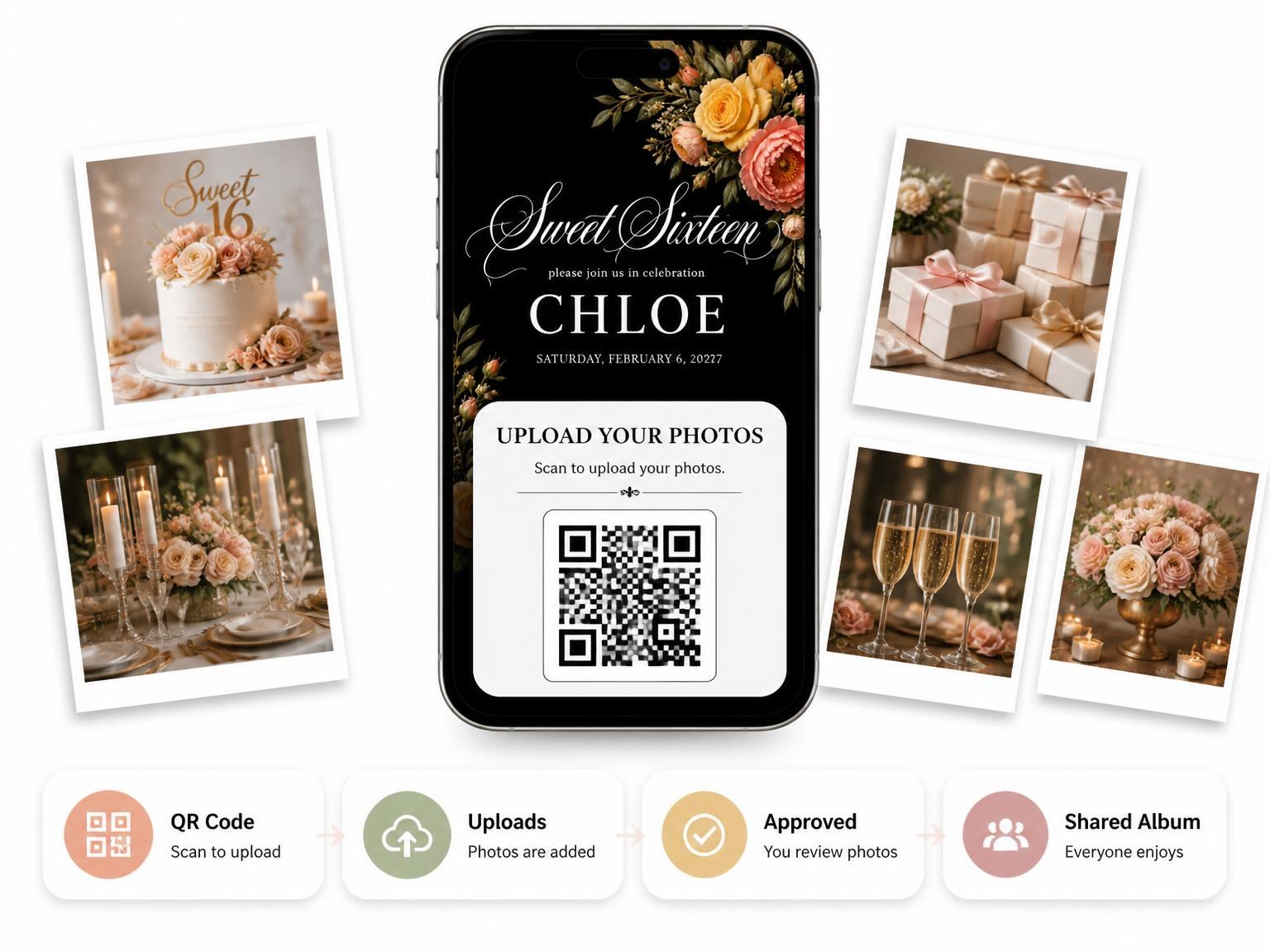 The shared photo gallery that comes with the Black Floral 16th Birthday Invitation invitation