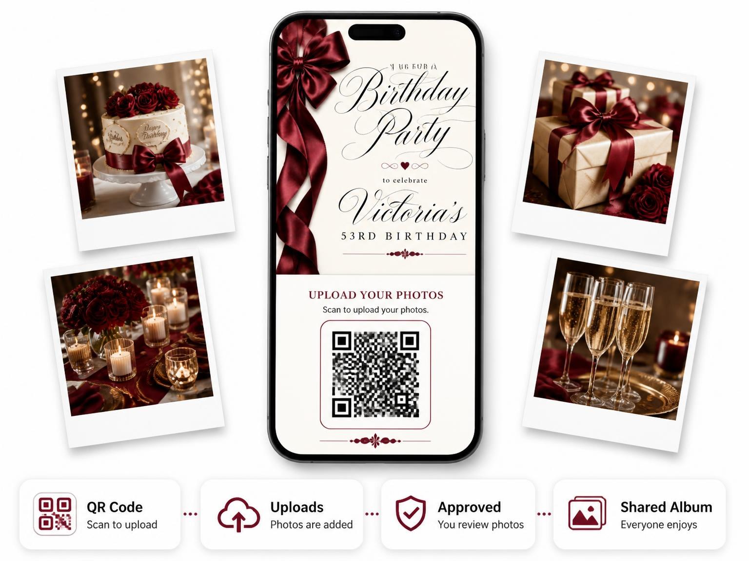 The shared photo gallery that comes with the Burgundy Satin Bow 53rd Birthday Invitation invitation
