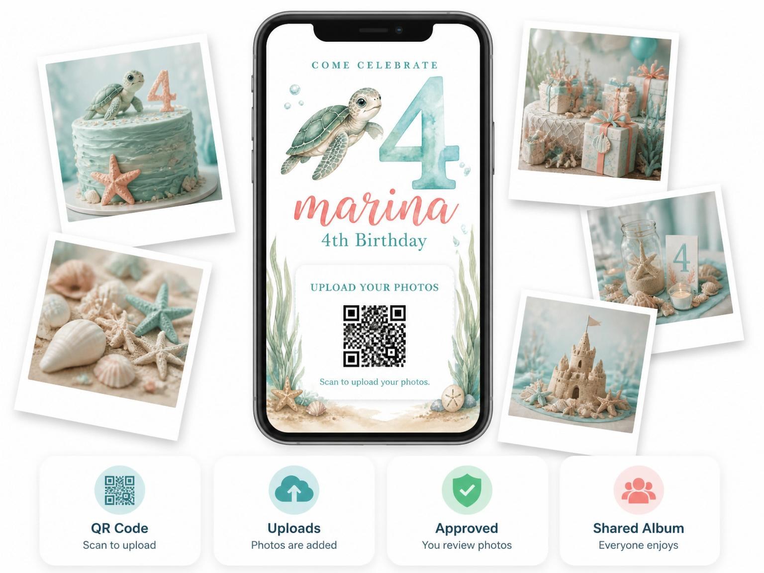 The shared photo gallery that comes with the Watercolor Sea Turtle 4th Birthday invitation