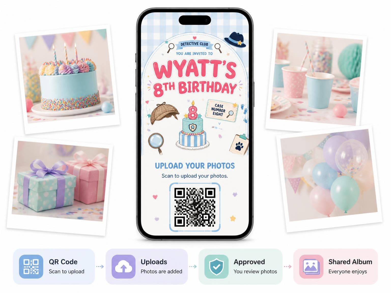 The shared photo gallery that comes with the Kawaii Detective Club 8th Birthday Invitation invitation