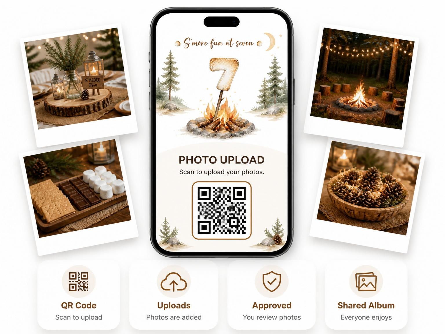 The shared photo gallery that comes with the Watercolor Campfire S'mores 7th Birthday invitation