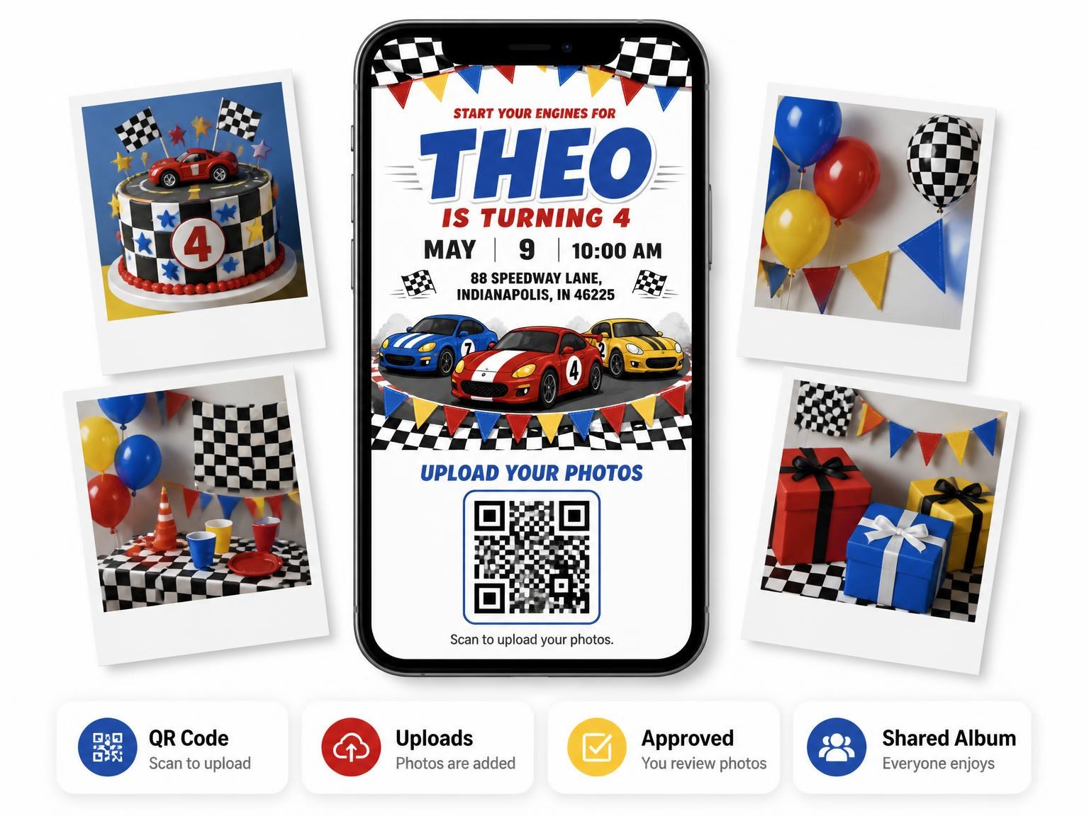 The shared photo gallery that comes with the Cartoon Race Car 4th Birthday Invitation invitation