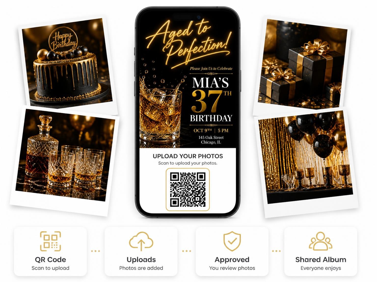 The shared photo gallery that comes with the Whiskey Lowball 37th Birthday Invitation invitation