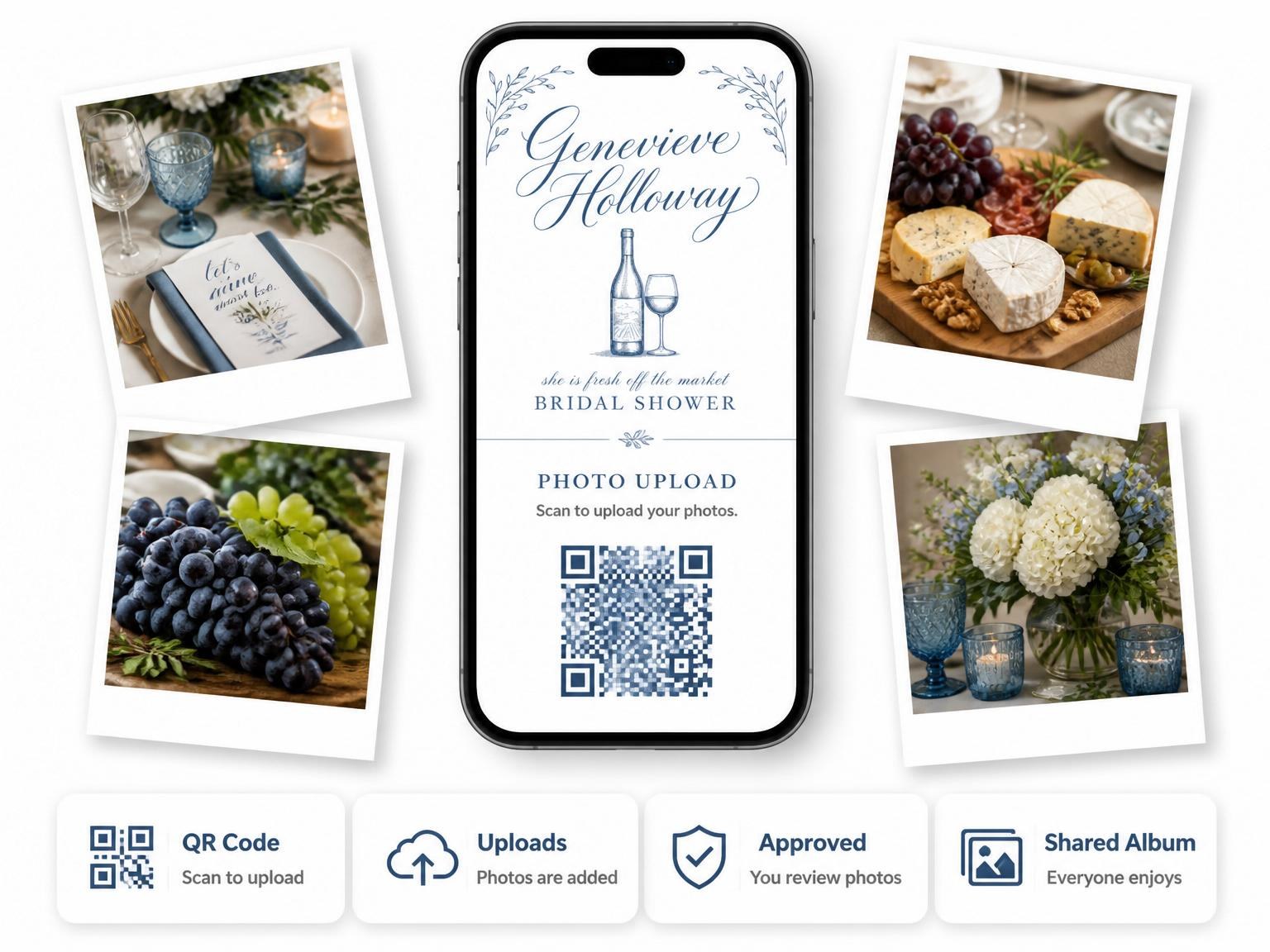 The shared photo gallery that comes with the Blue Ink Vineyard Bridal Shower invitation