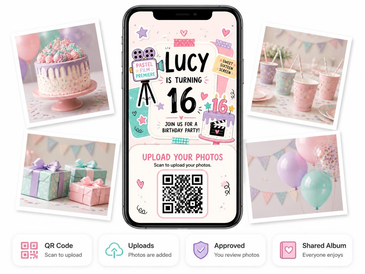 The shared photo gallery that comes with the Movie Camera Pastel 16th Birthday Invitation invitation