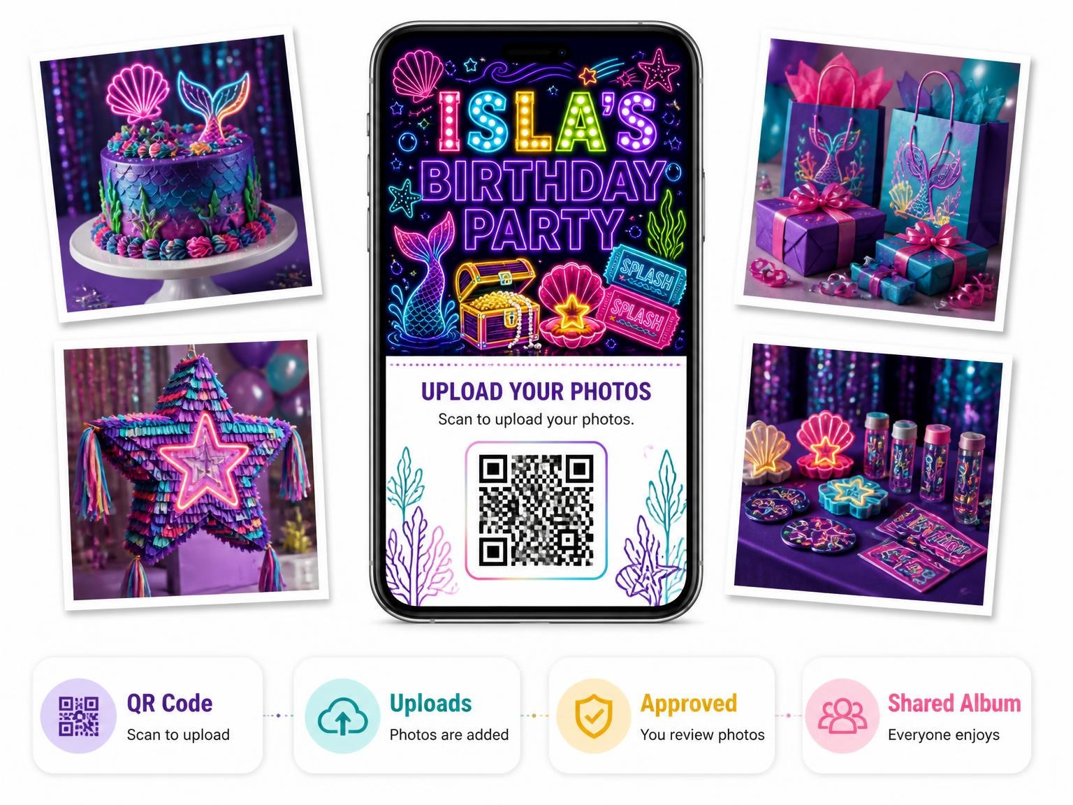 The shared photo gallery that comes with the Neon Mermaid 21st Birthday Invitation invitation