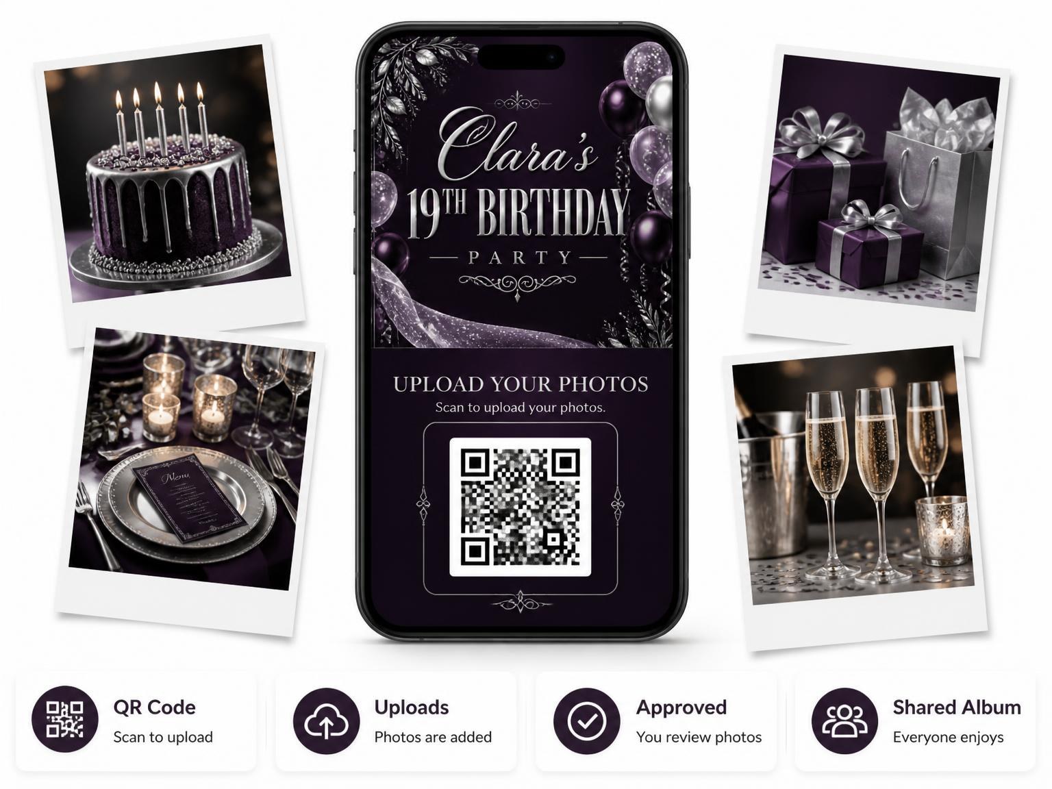 The shared photo gallery that comes with the Plum and Silver 19th Birthday Invitation invitation