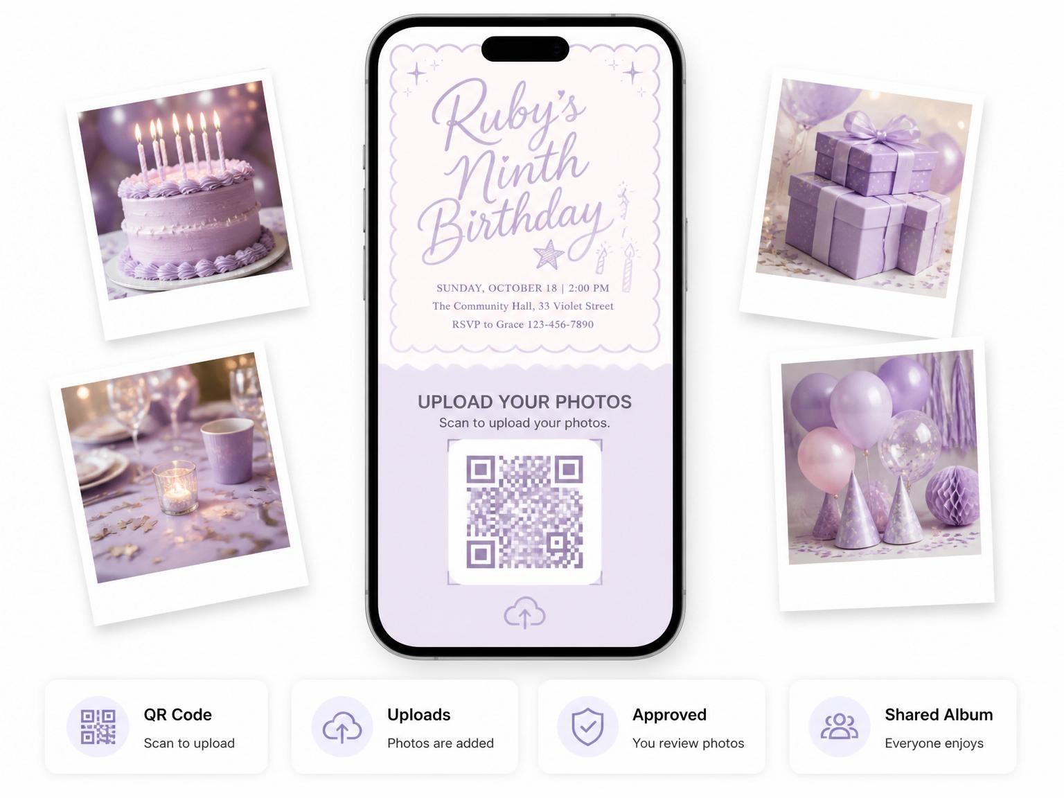 The shared photo gallery that comes with the Pastel Scalloped Star 9th Birthday Invitation invitation