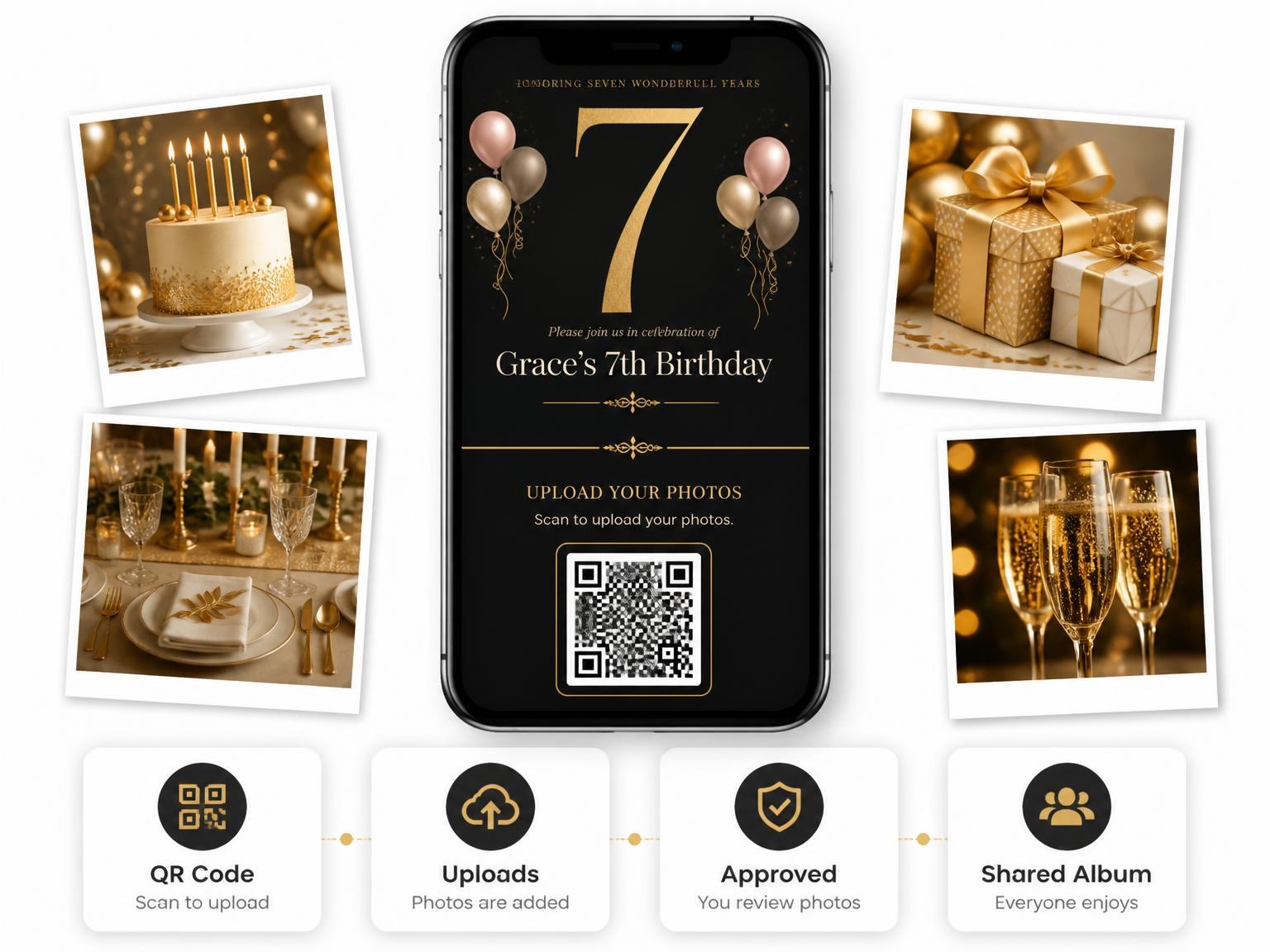 The shared photo gallery that comes with the Charcoal and Blush 7th Birthday Invitation invitation
