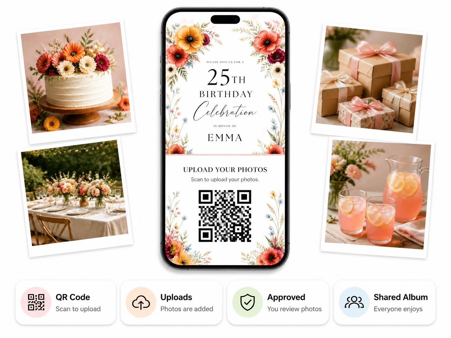 The shared photo gallery that comes with the Floral Garden Golden 25th Birthday Invitation invitation