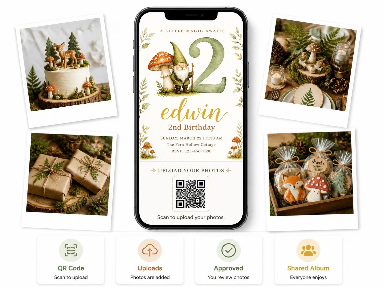 The shared photo gallery that comes with the Watercolor Gnome Garden 2nd Birthday invitation