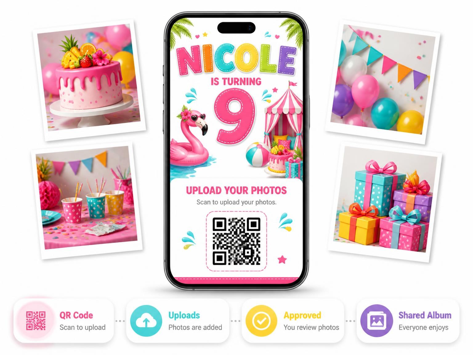 The shared photo gallery that comes with the Stitched Flamingo Pool 9th Birthday Invitation invitation