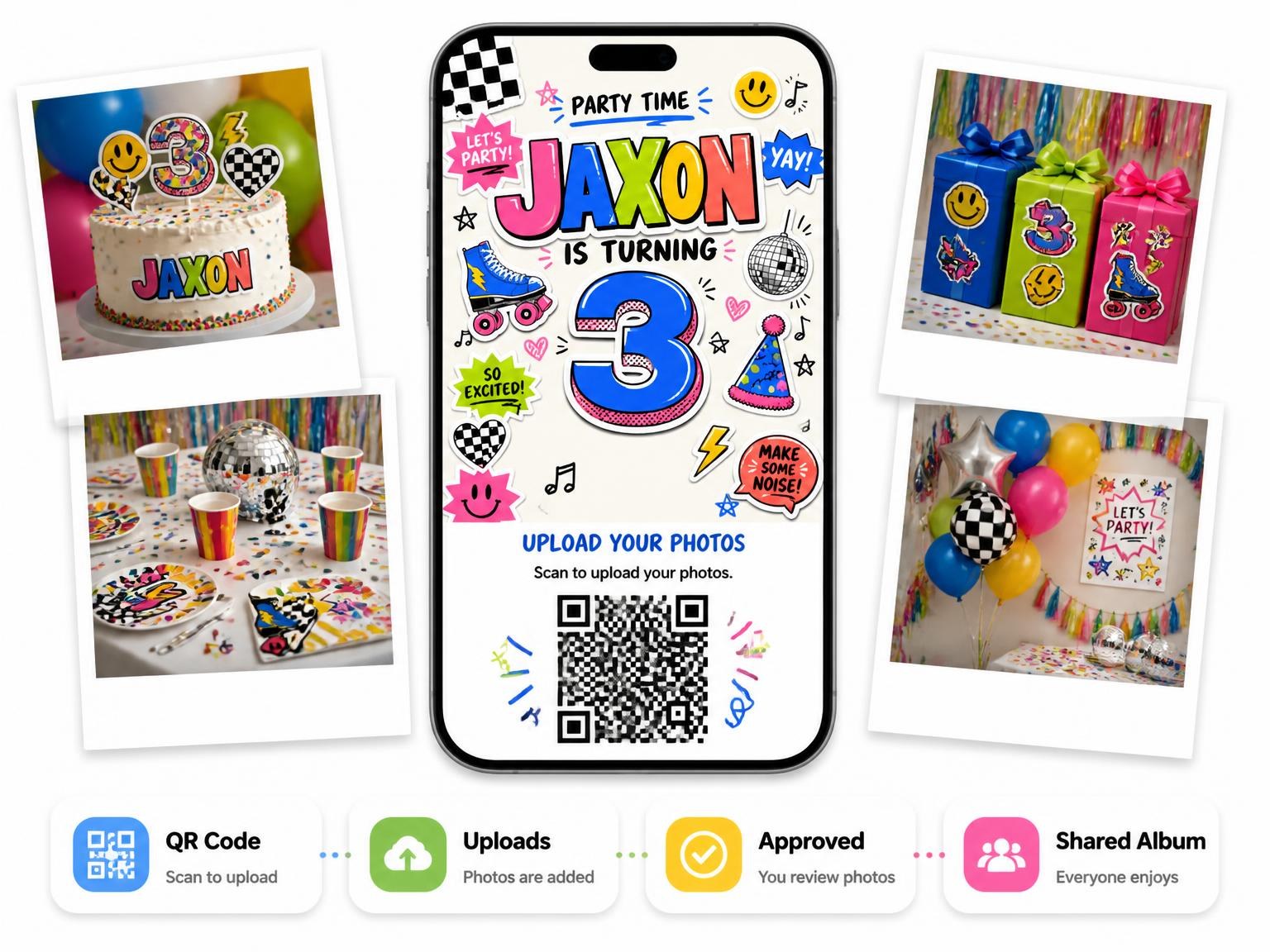 The shared photo gallery that comes with the Sticker Pop 3rd Birthday Invitation invitation