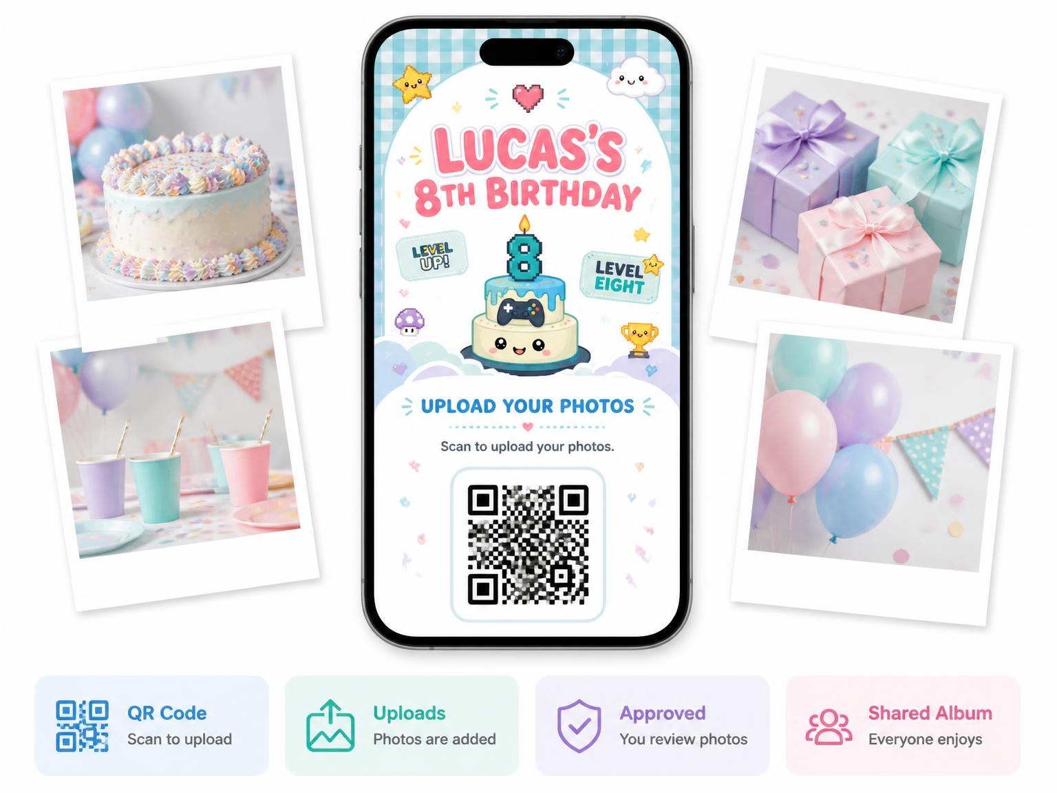 The shared photo gallery that comes with the Pixel Game Kawaii 8th Birthday Invitation invitation