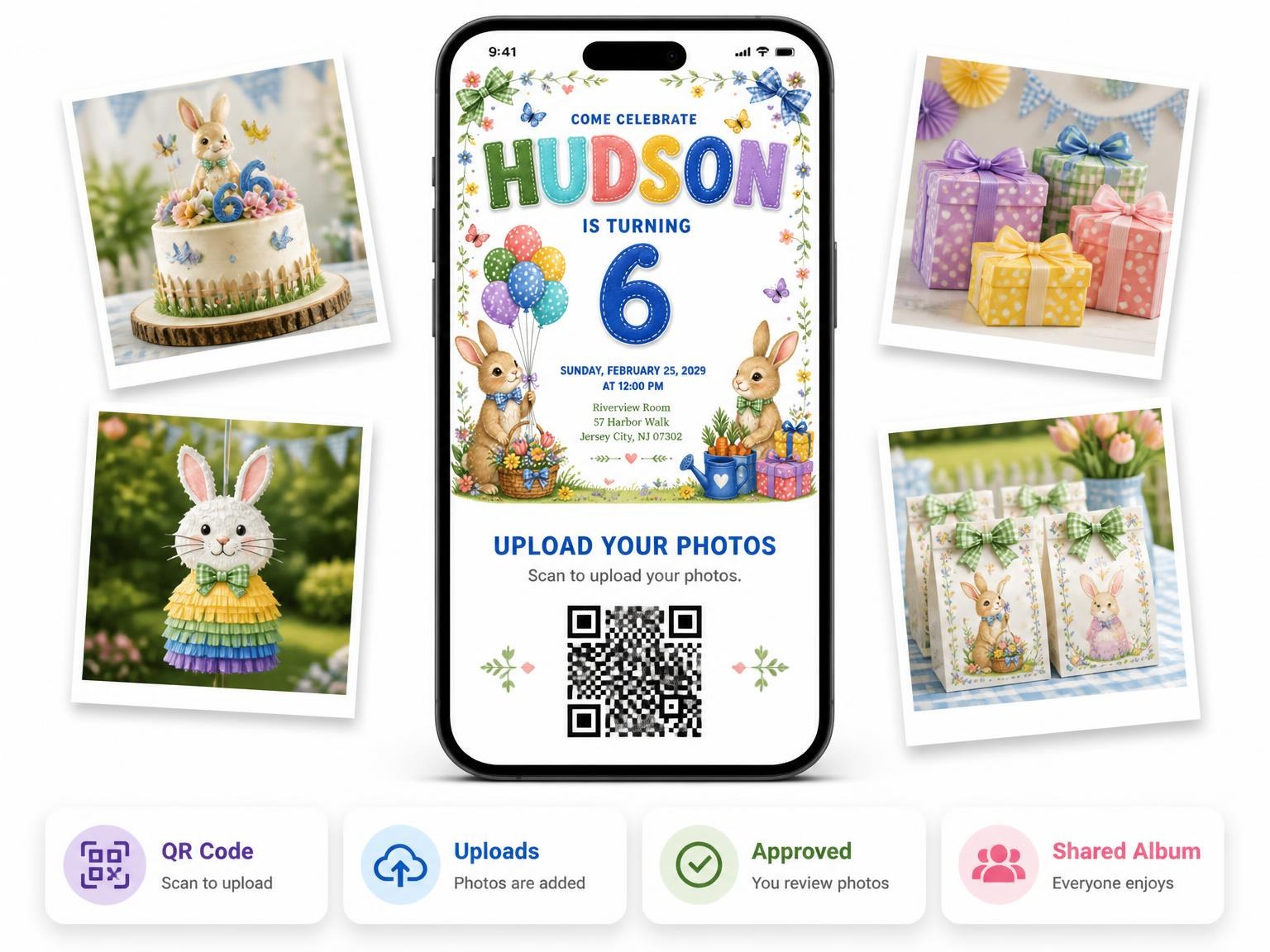 The shared photo gallery that comes with the Stitched Bunny Garden 6th Birthday Invitation invitation