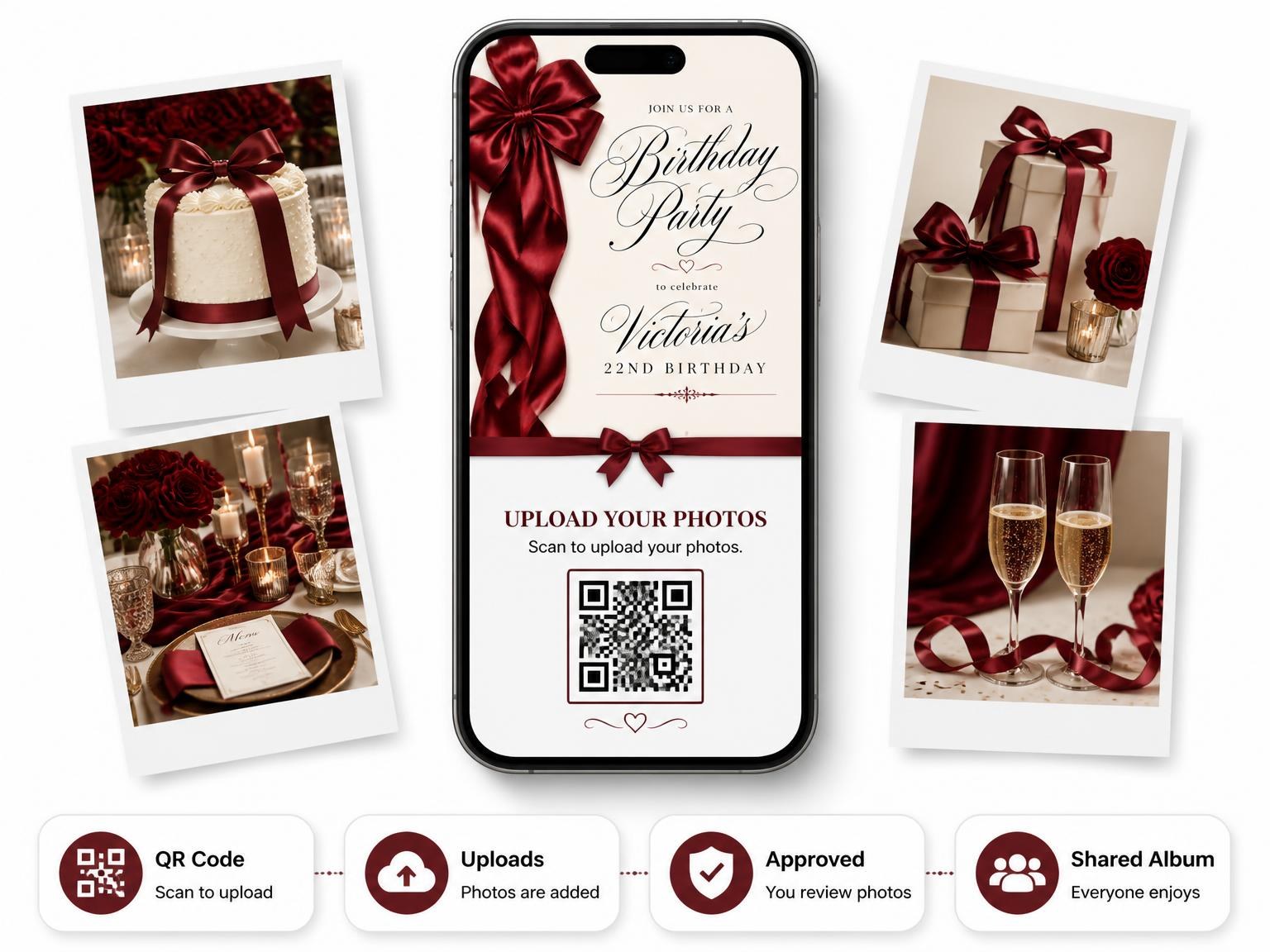 The shared photo gallery that comes with the Burgundy Satin Bow 22nd Birthday Invitation invitation