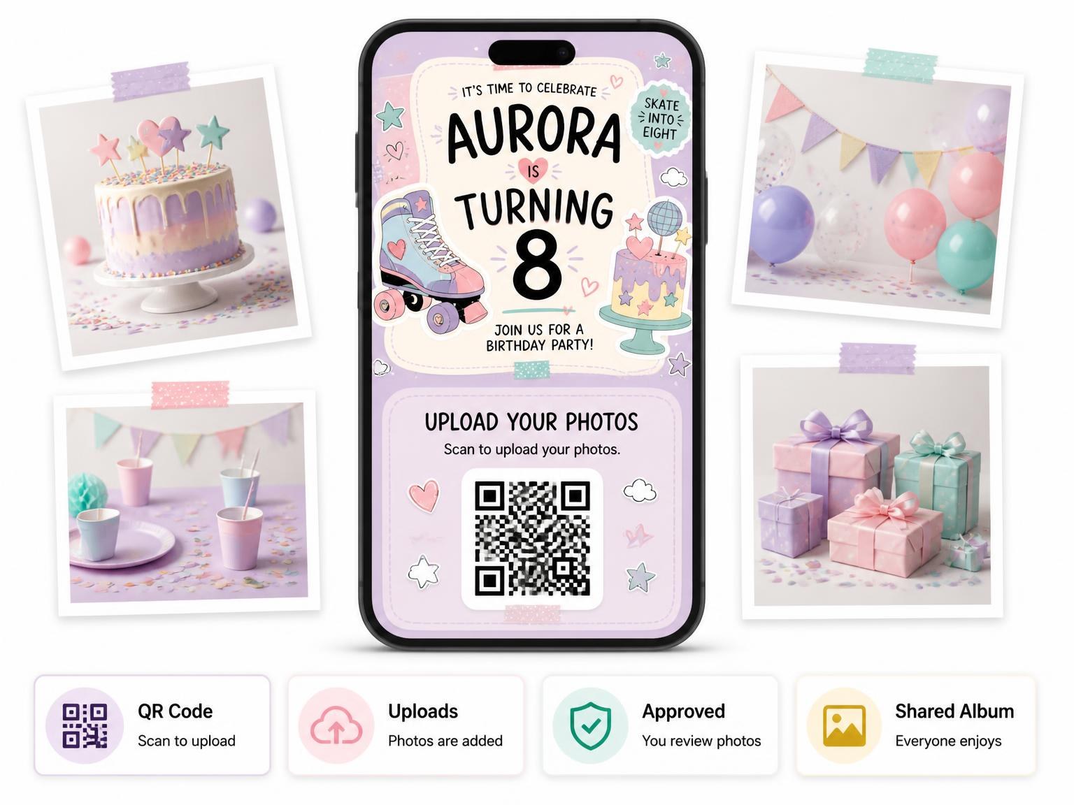The shared photo gallery that comes with the Roller Skate Pastel 8th Birthday Invitation invitation